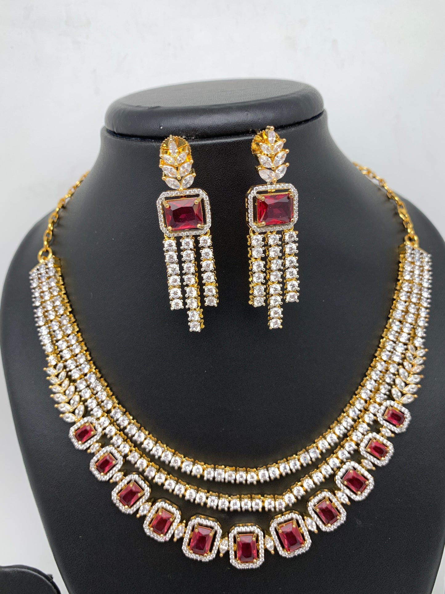 AD Wine Red Stone Multi Layer Short Necklace
