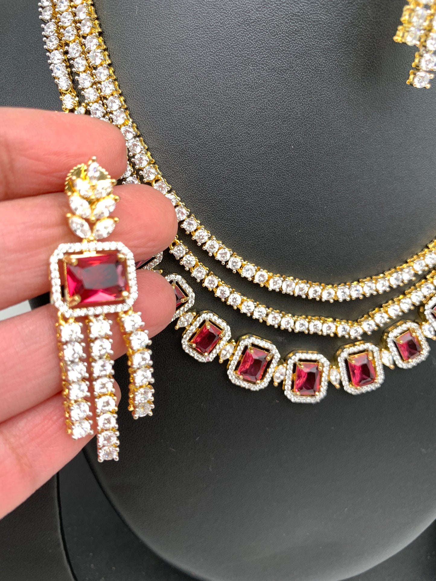 AD Wine Red Stone Multi Layer Short Necklace