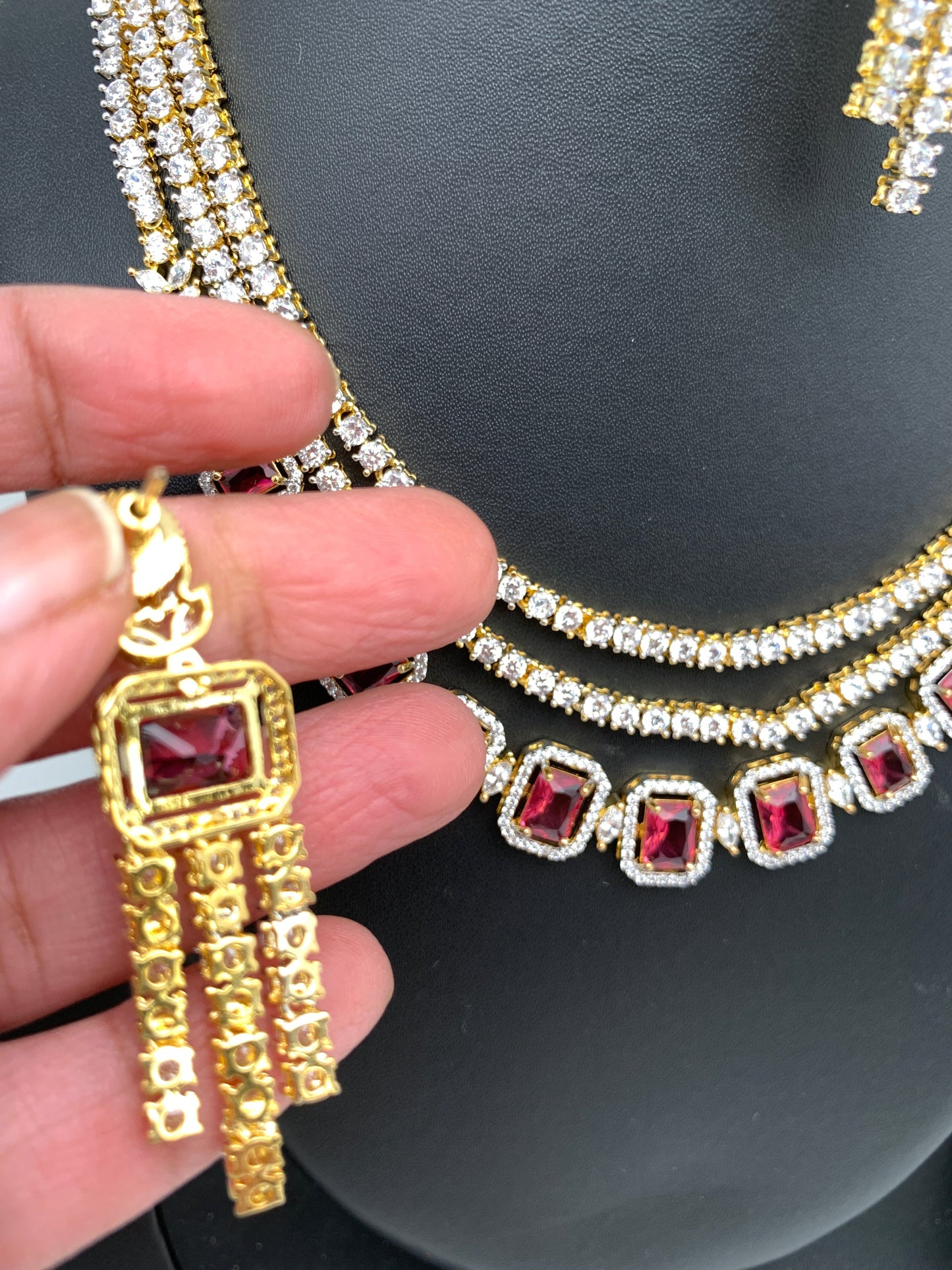 AD Wine Red Stone Multi Layer Short Necklace