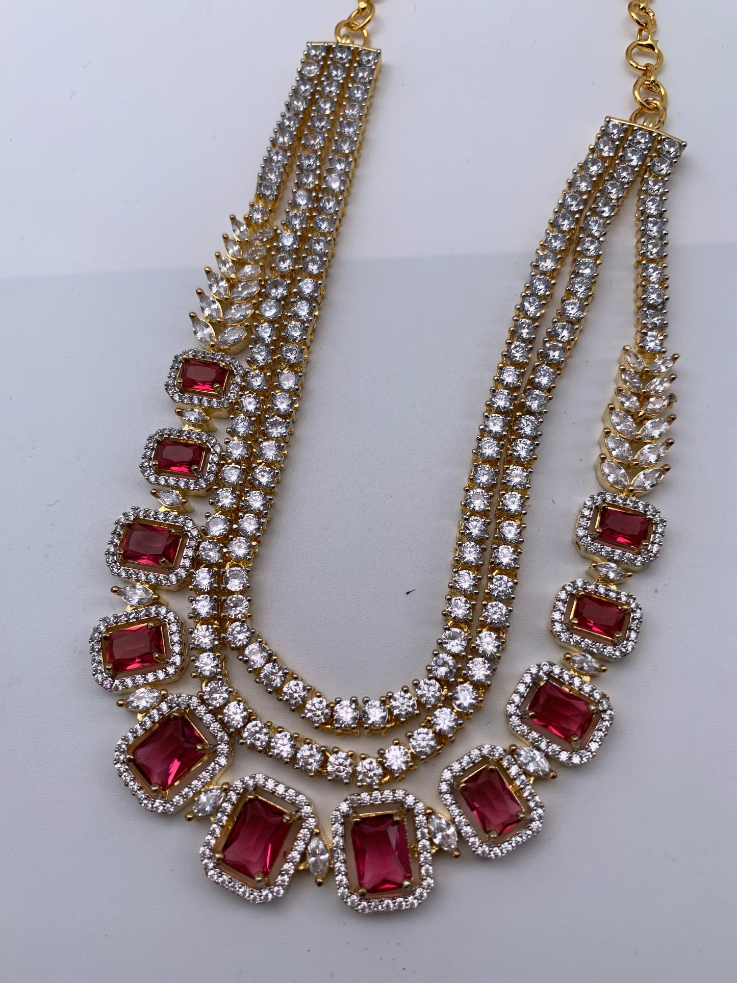 AD Wine Red Stone Multi Layer Short Necklace