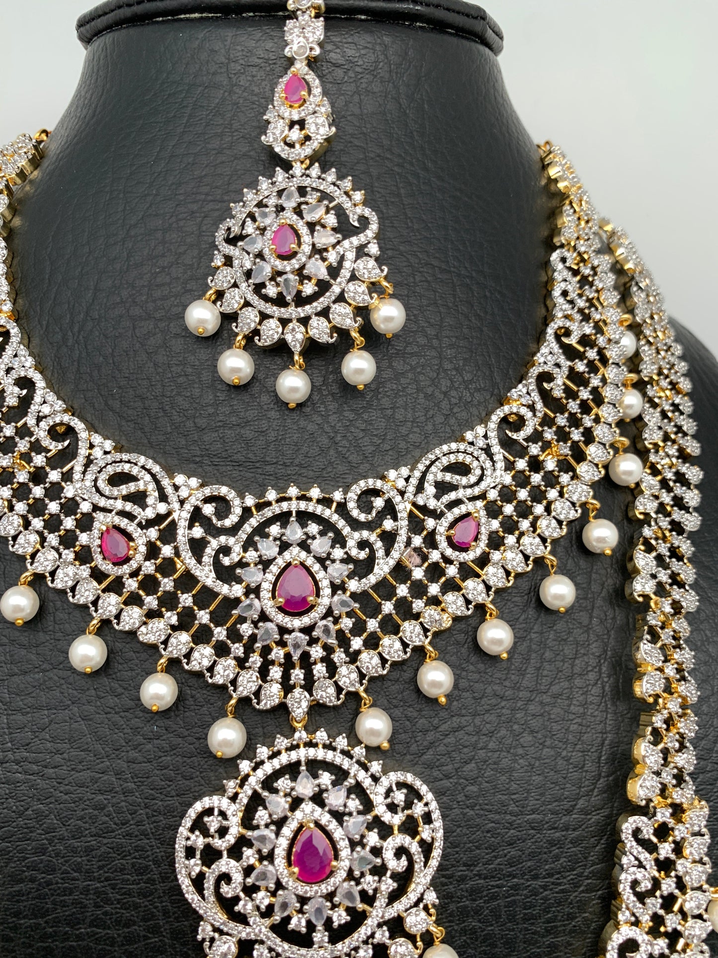 AD Ruby Red Stone Long Short Combo Necklace