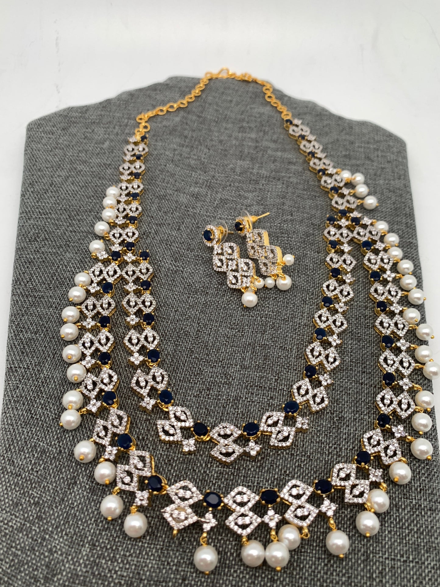 AD Double Line Sapphire Blue Stone Long Necklace