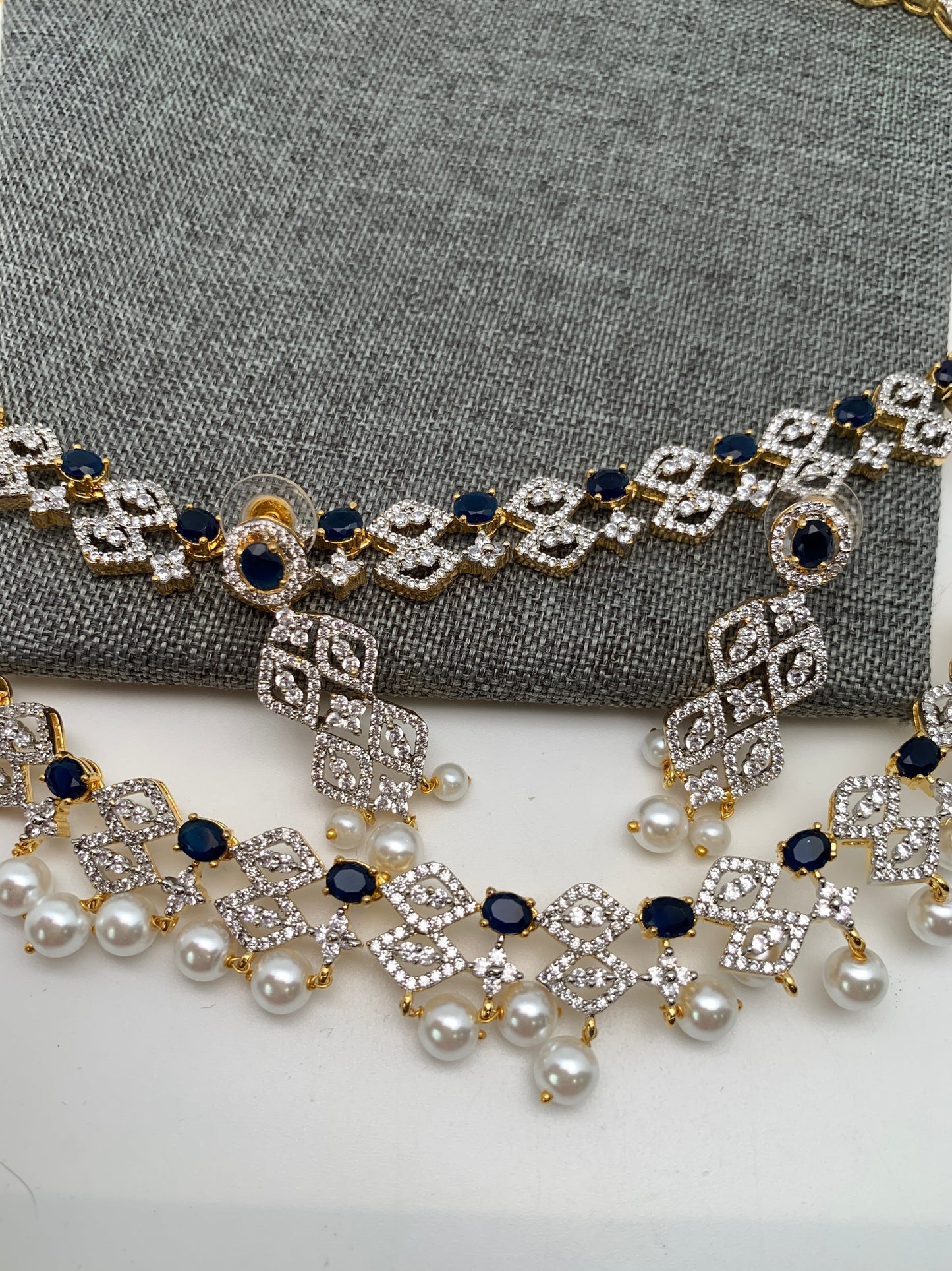 AD Double Line Sapphire Blue Stone Long Necklace
