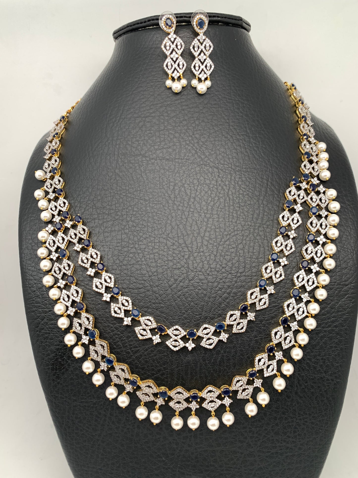 AD Double Line Sapphire Blue Stone Long Necklace