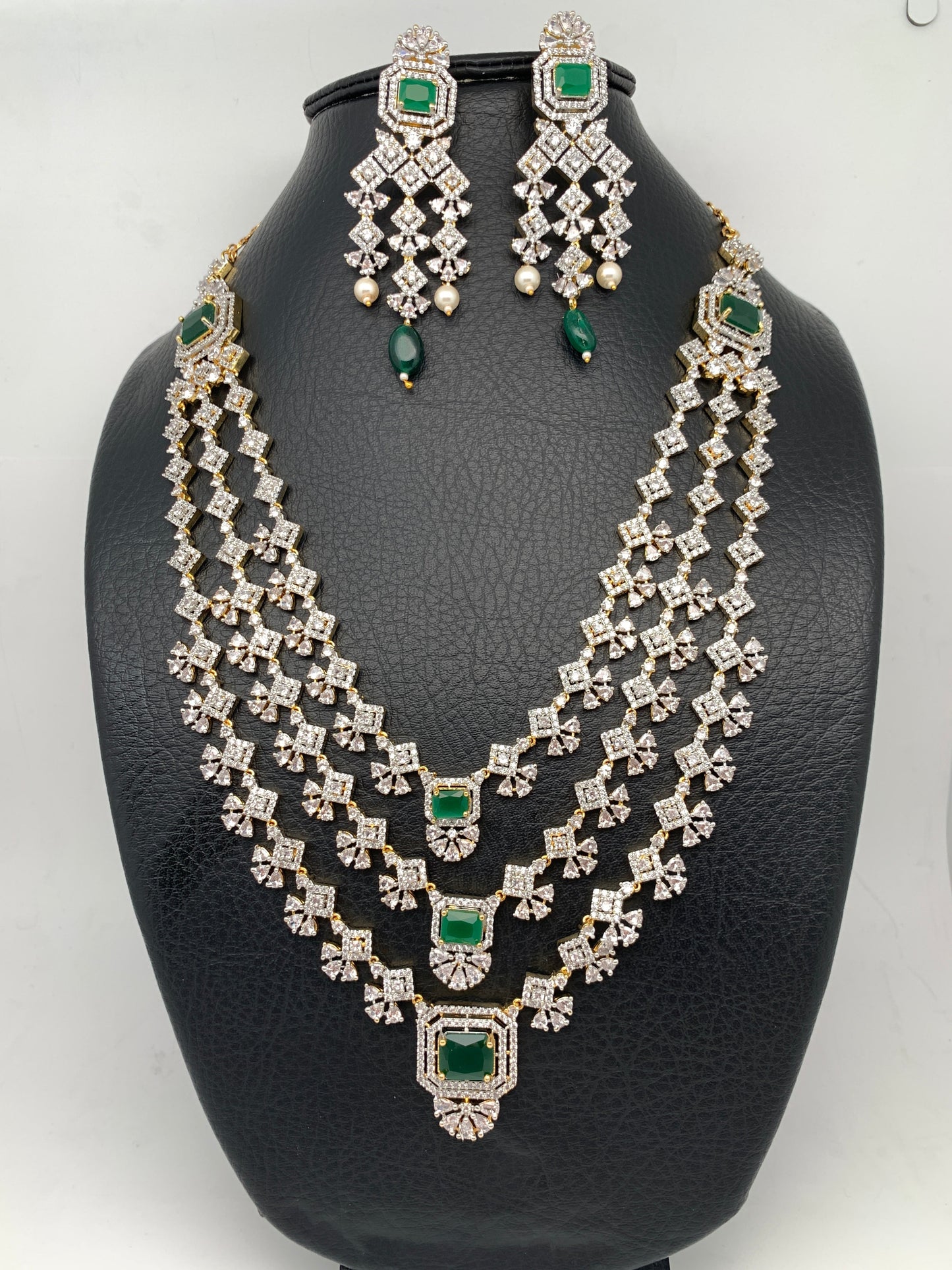 AD Emerald Green Stone Multi Layer Long Necklace