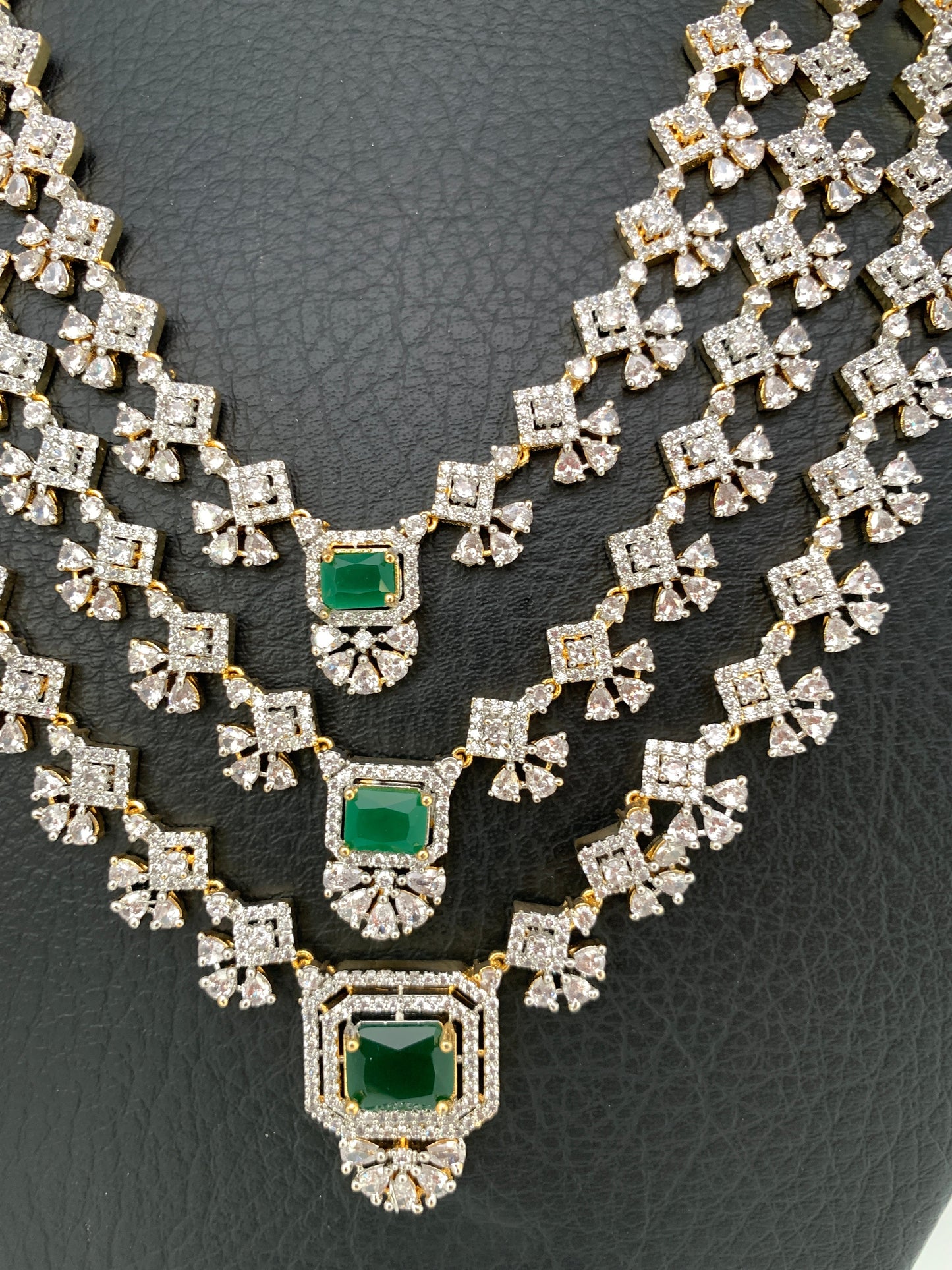 AD Emerald Green Stone Multi Layer Long Necklace