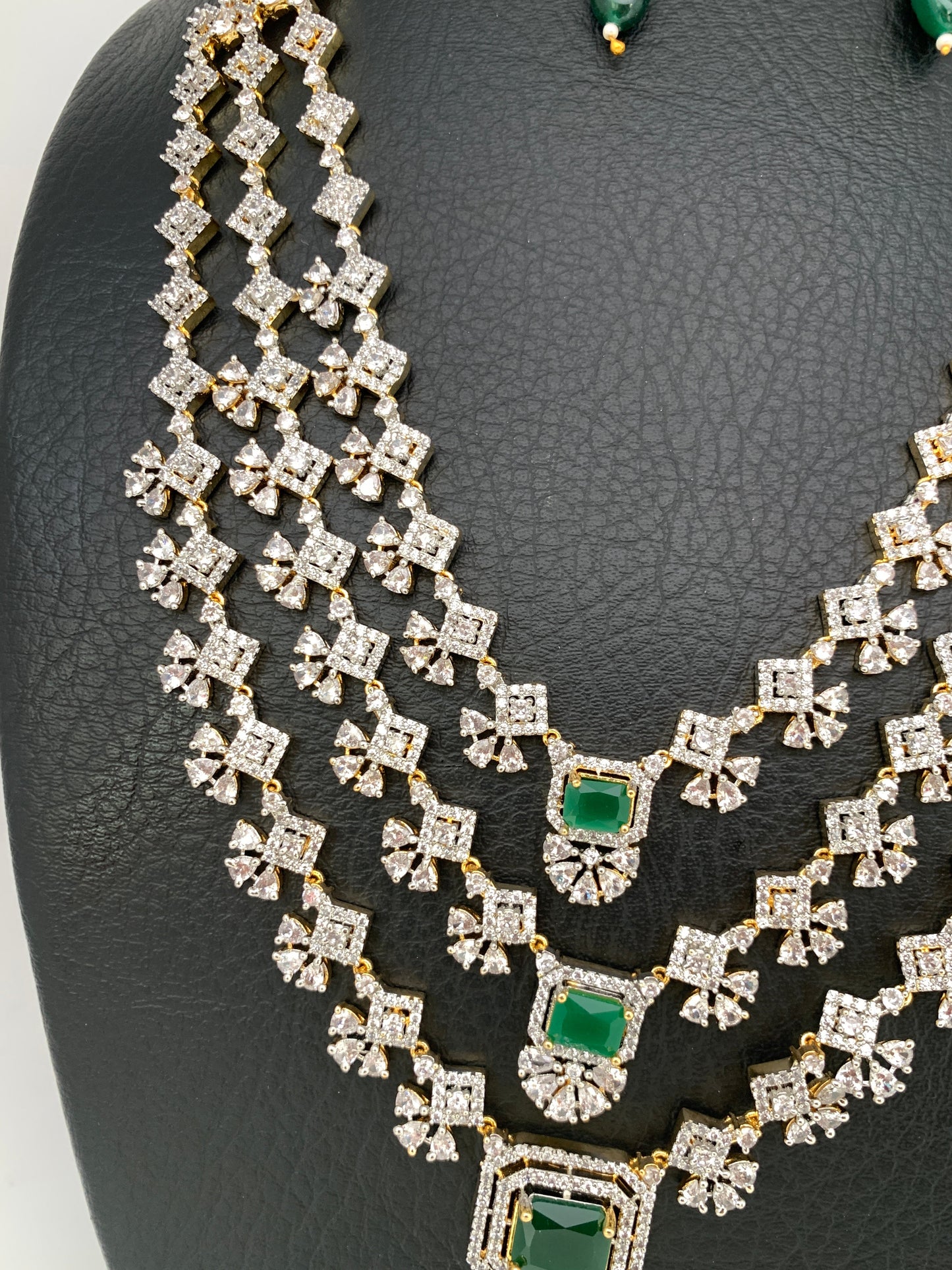 AD Emerald Green Stone Multi Layer Long Necklace