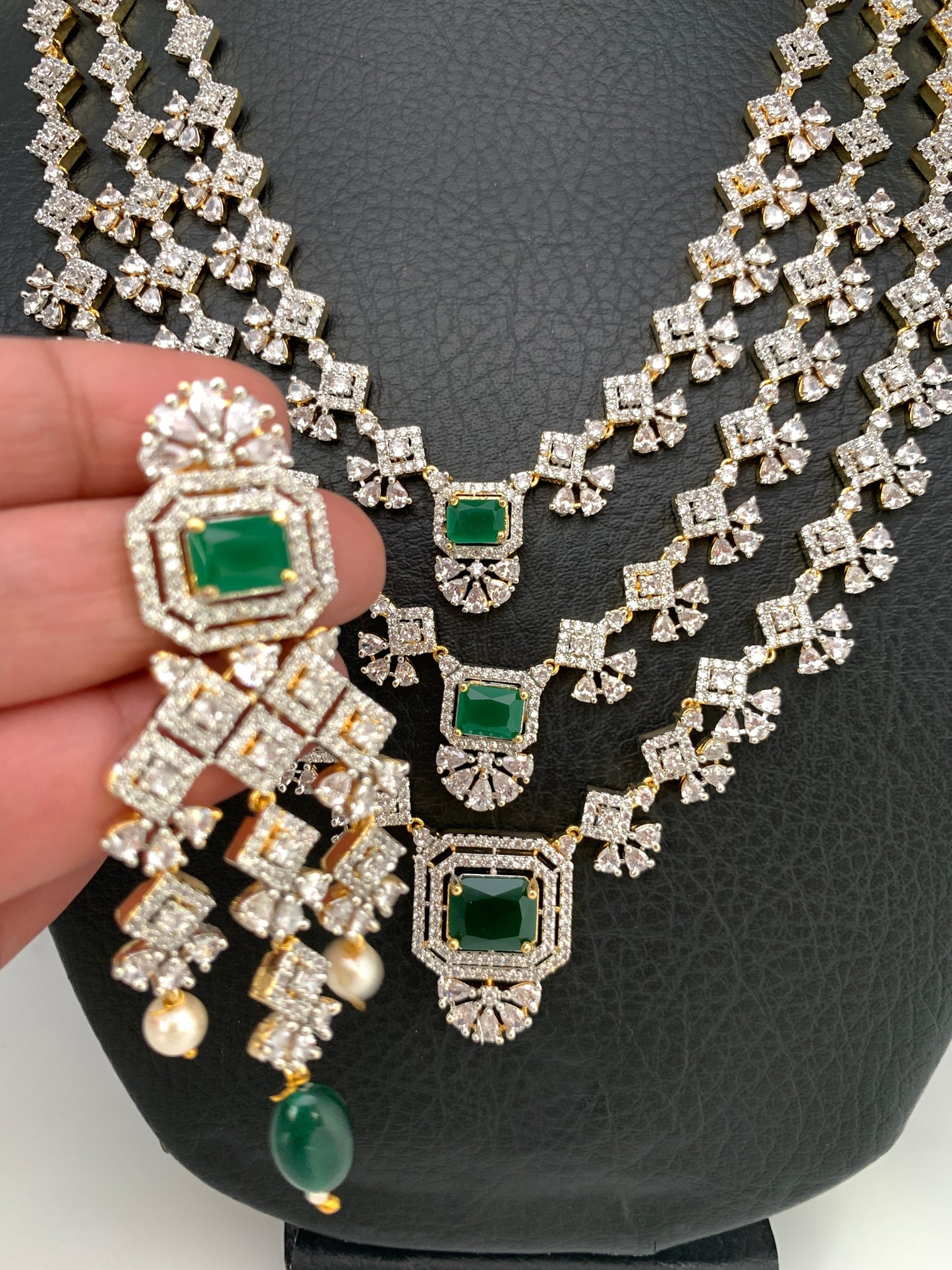 AD Emerald Green Stone Multi Layer Long Necklace