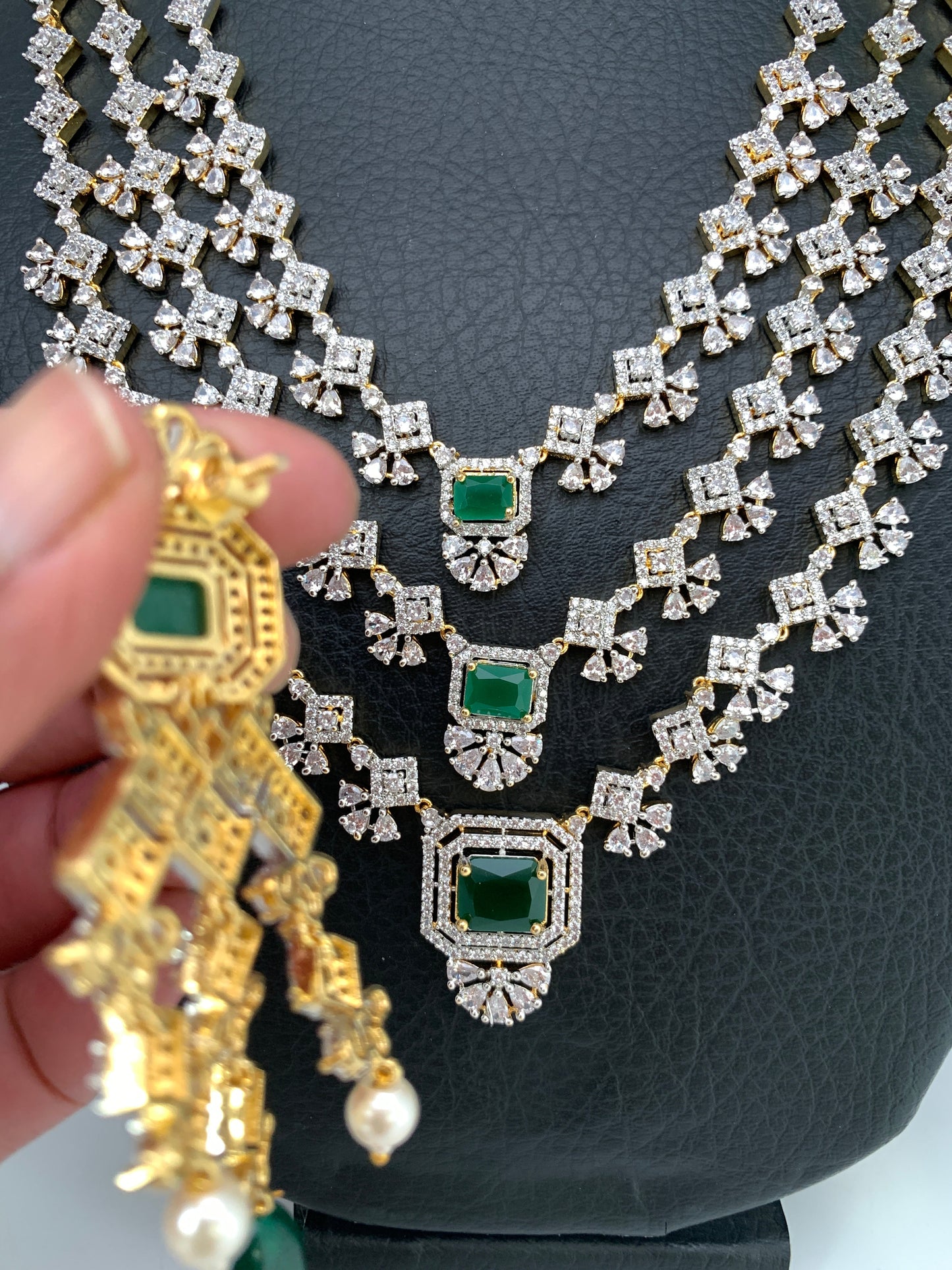 AD Emerald Green Stone Multi Layer Long Necklace