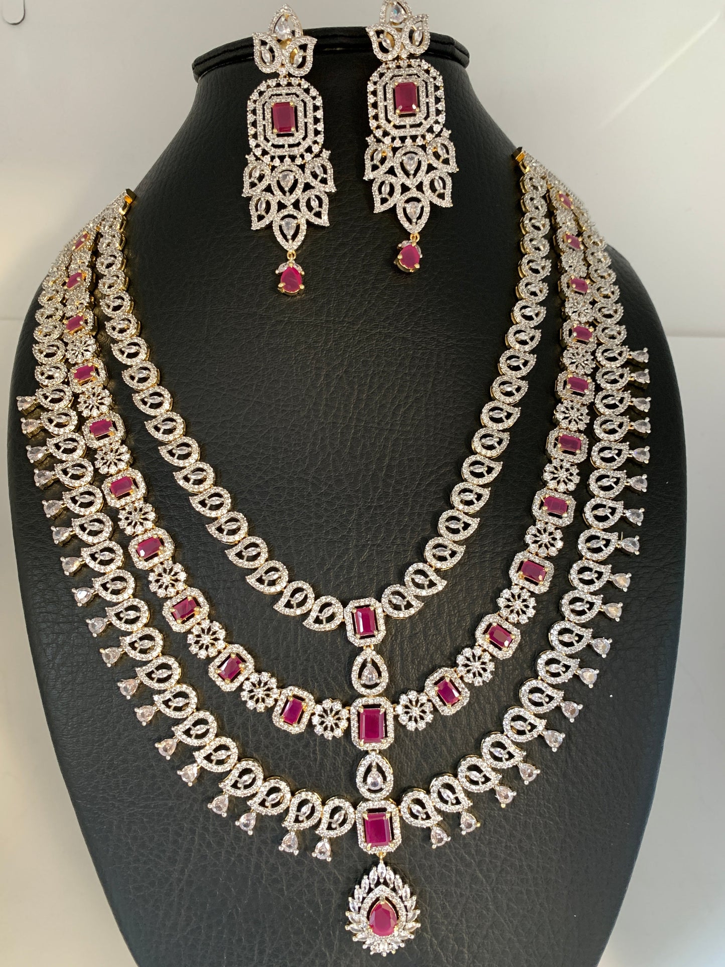 AD Ruby Red Stone Multi Layer Long Necklace