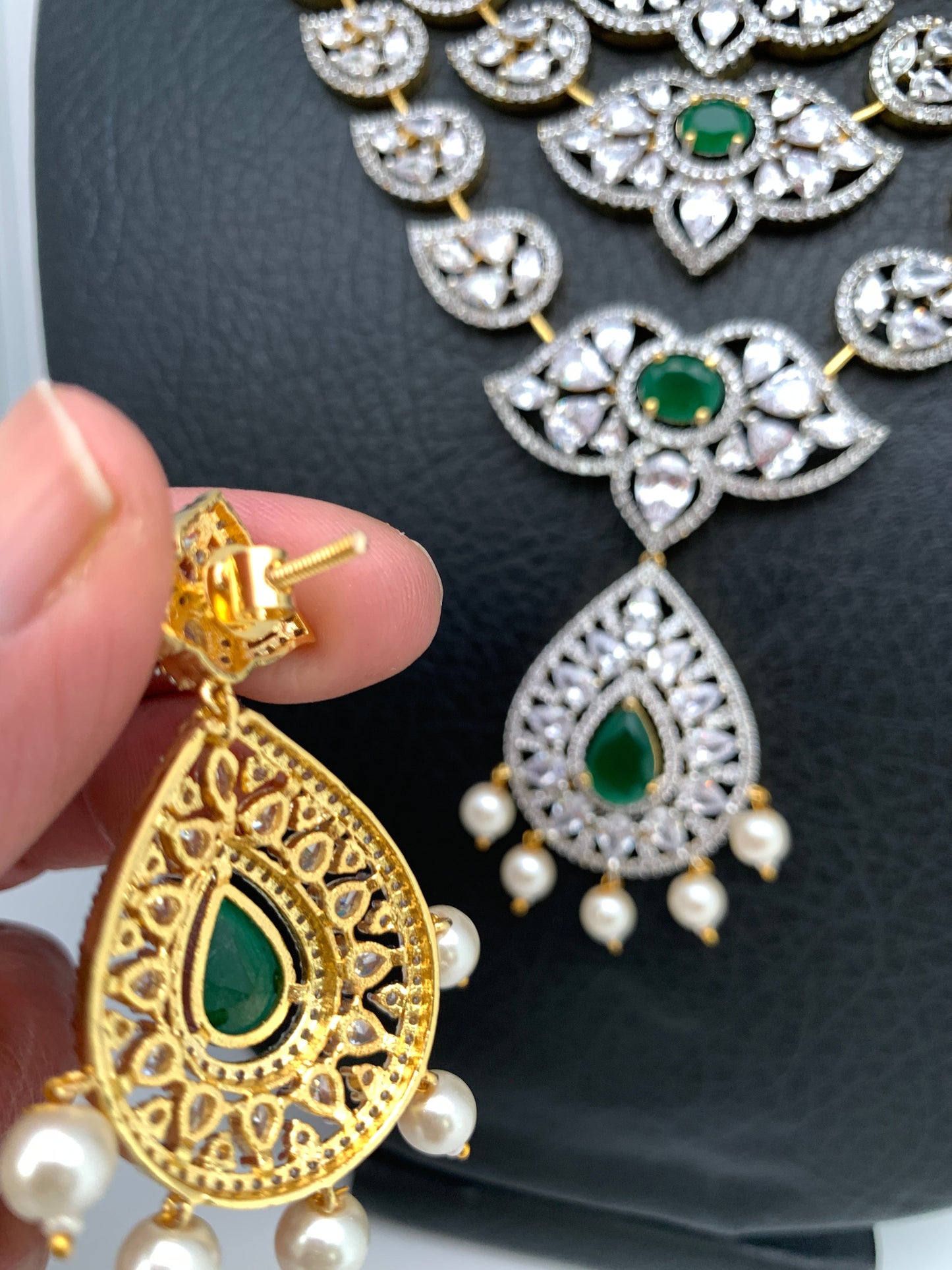 AD Emerald Green Stone Multi Layer Teen Lada Short Necklace