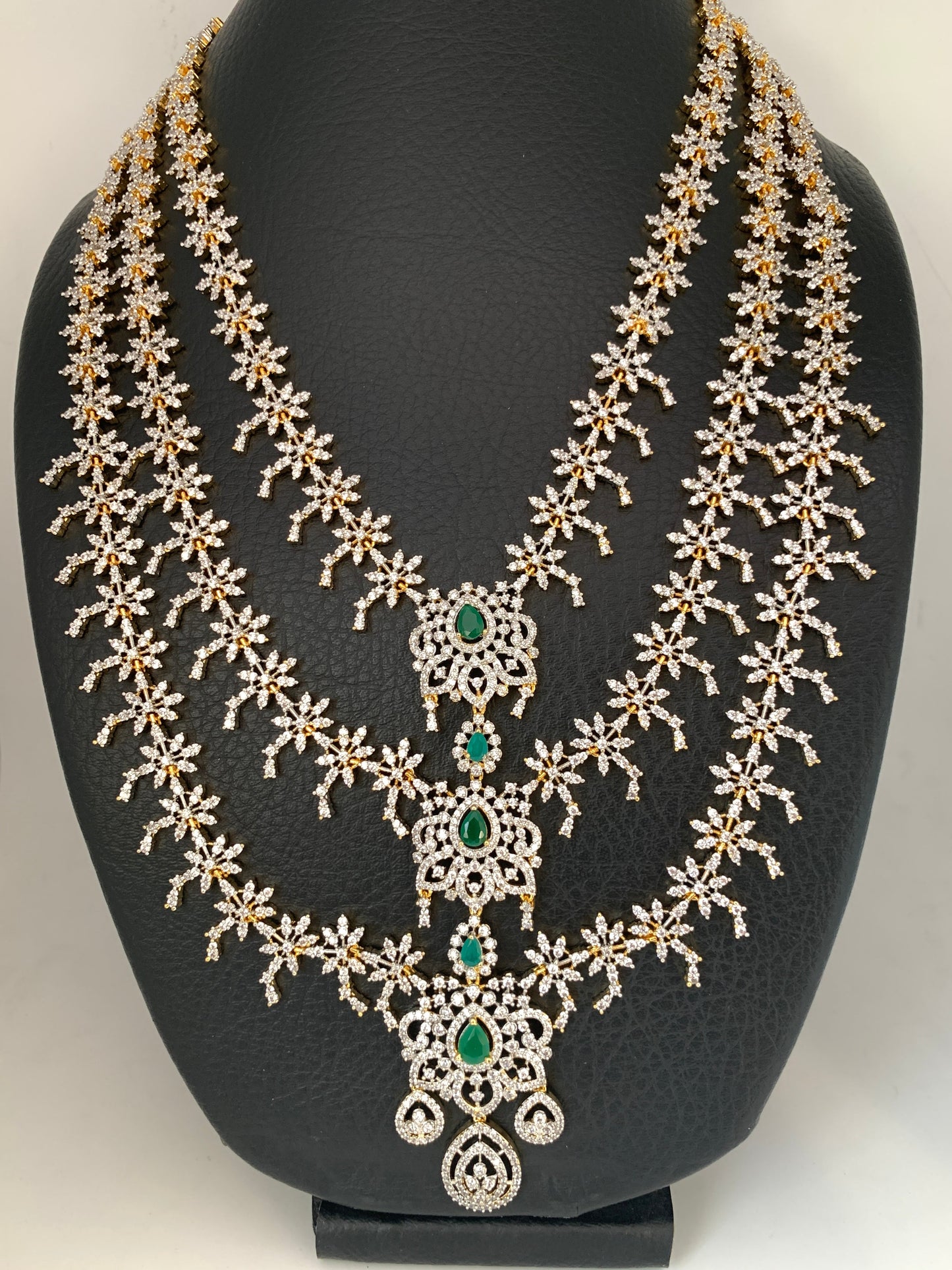 AD Emerald Green Stone Teen Lada Three Layer Long Necklace