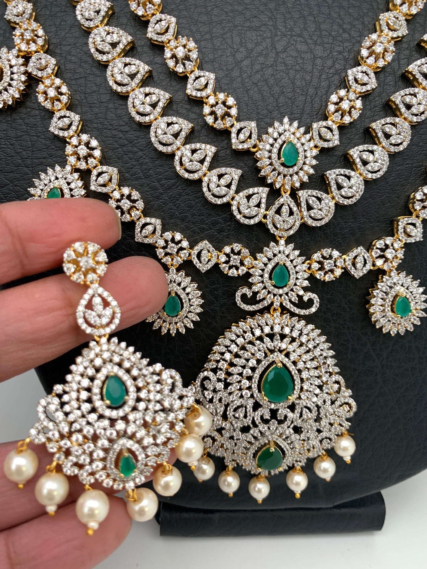 AD Emerald Green Stone Three Layer Teen Lada Long Necklace