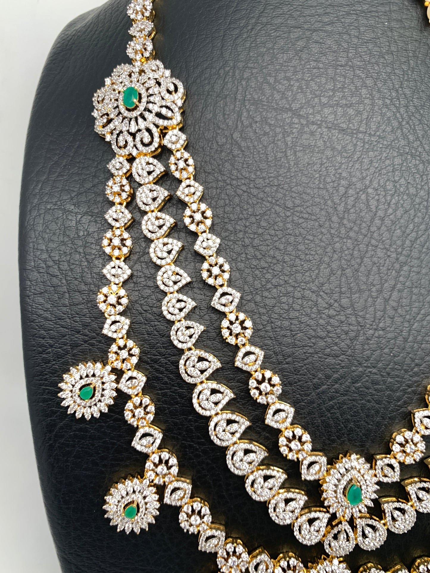 AD Emerald Green Stone Three Layer Teen Lada Long Necklace