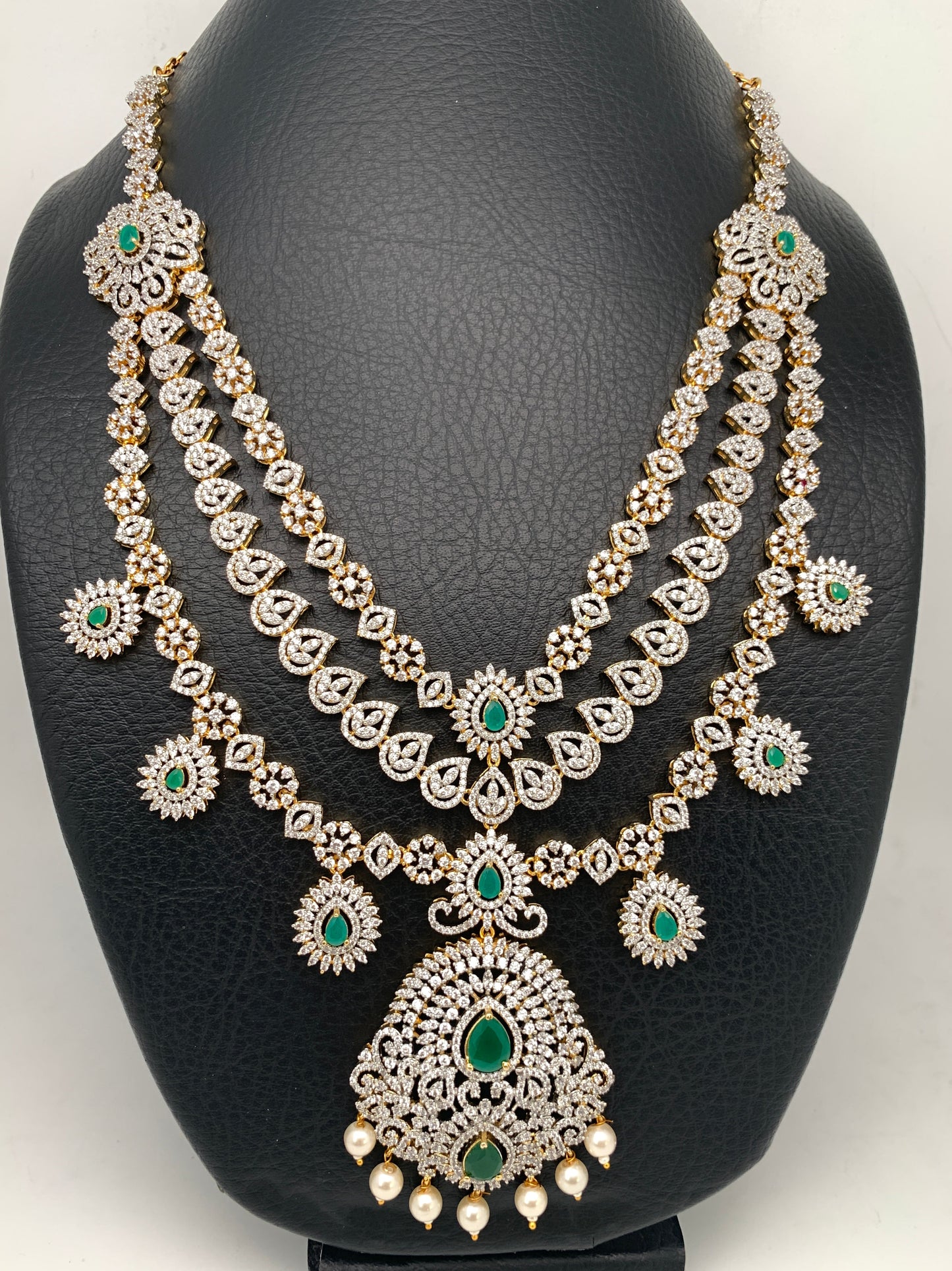 AD Emerald Green Stone Three Layer Teen Lada Long Necklace