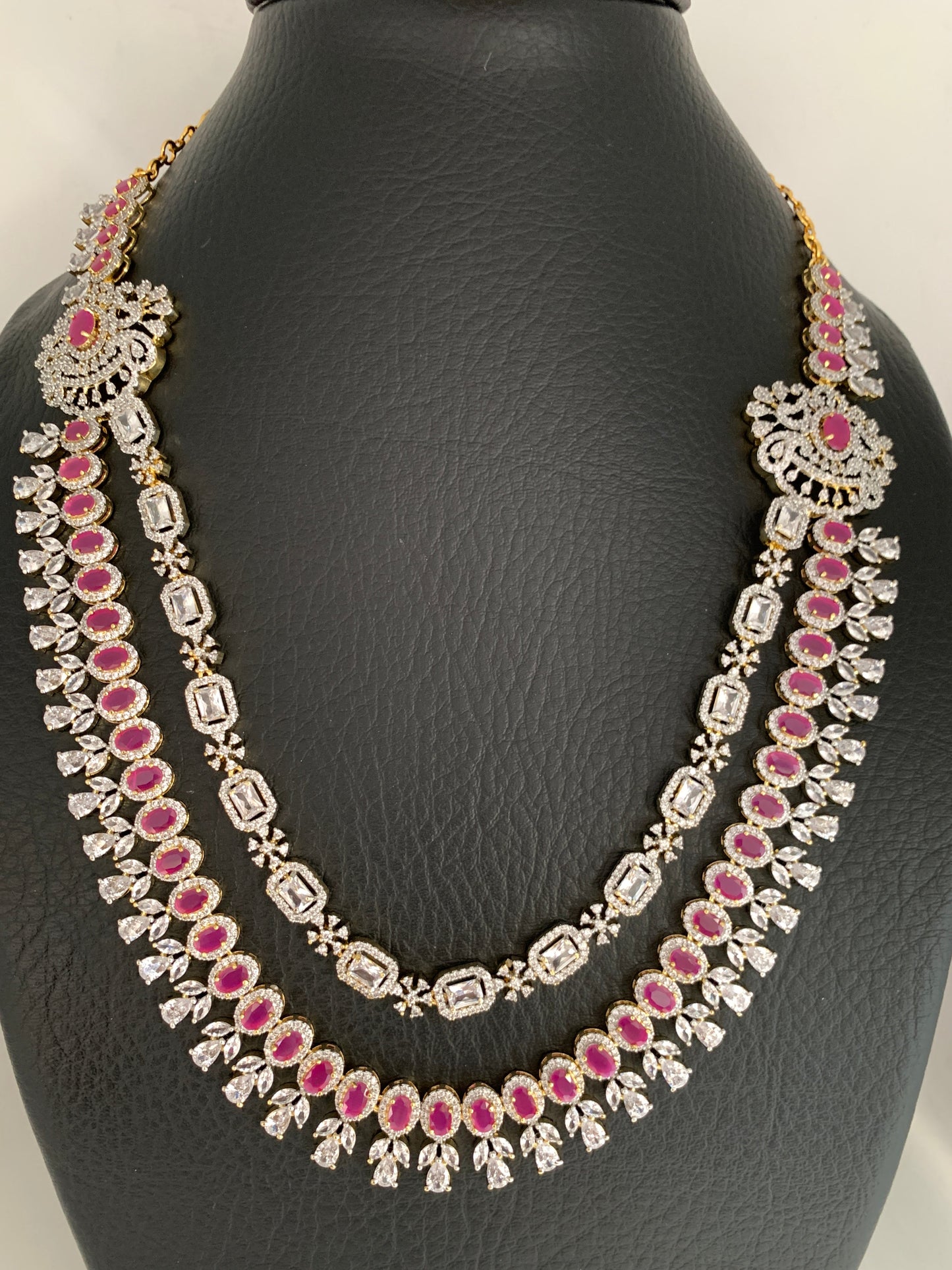 AD Ruby Red Stone Double Line Long Necklace