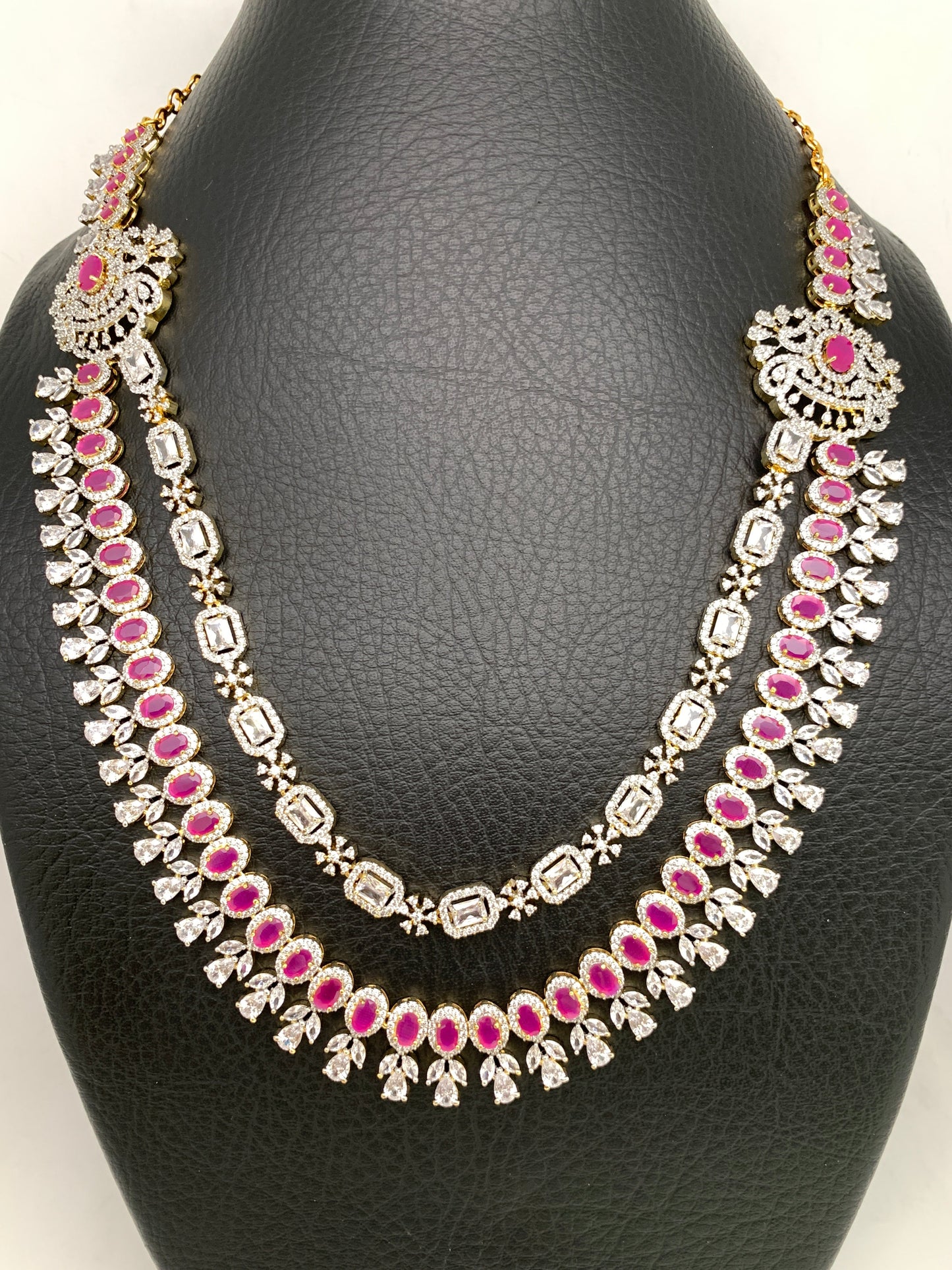 AD Ruby Red Stone Double Line Long Necklace