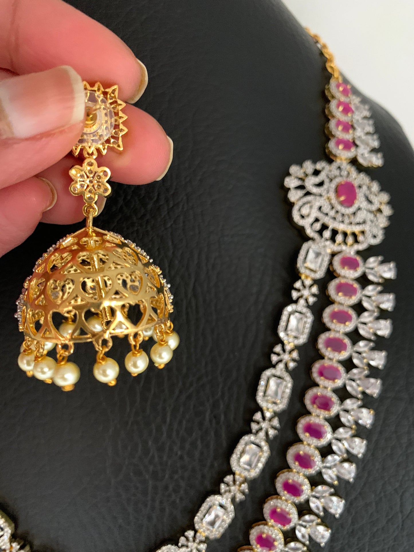 AD Ruby Red Stone Double Line Long Necklace