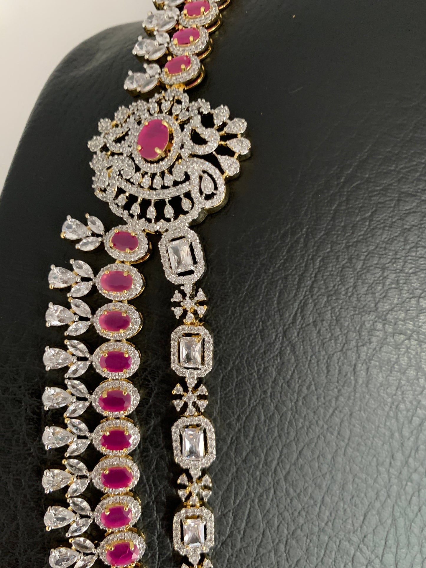 AD Ruby Red Stone Double Line Long Necklace