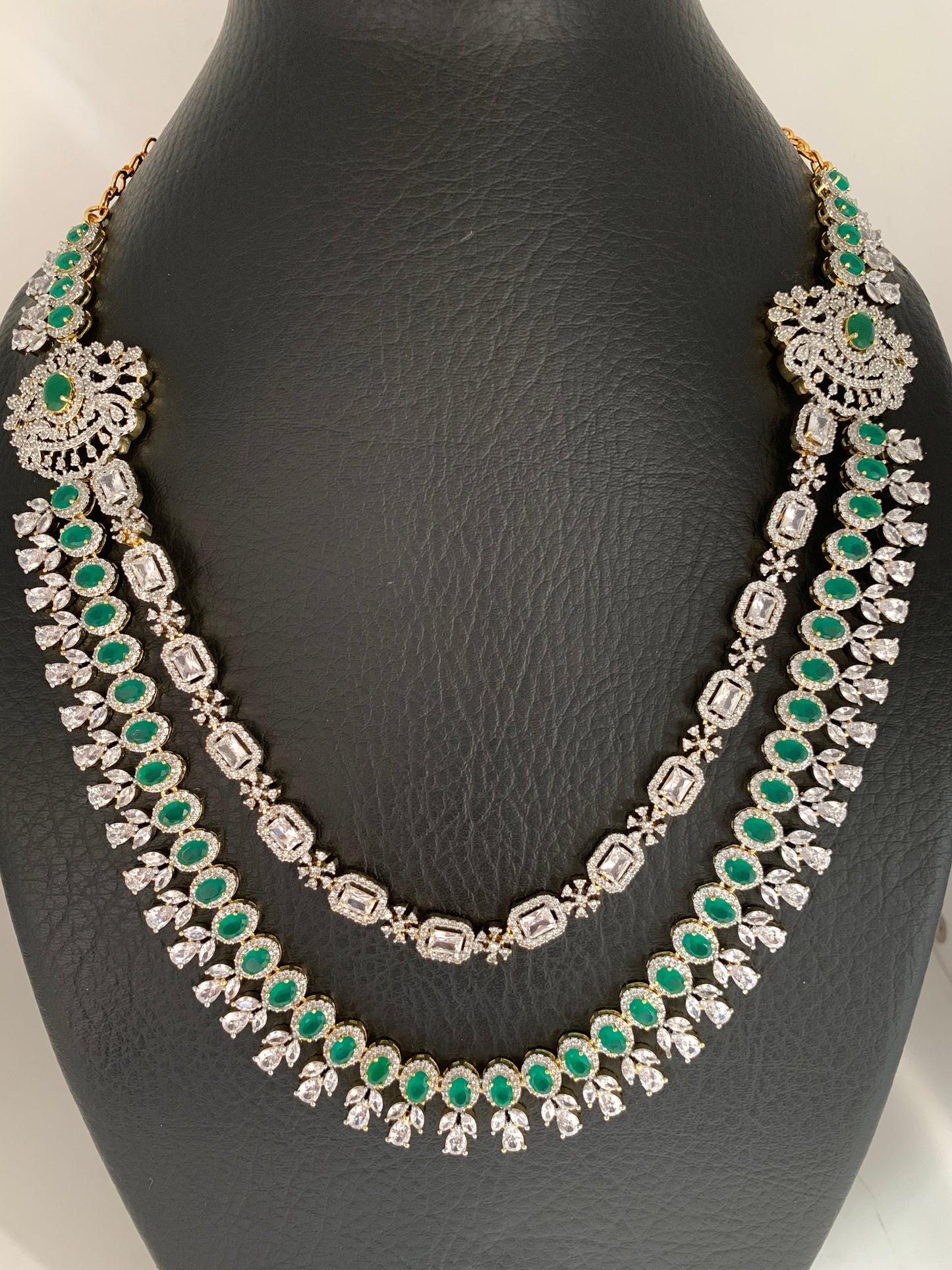 AD Emerald Green Stone Double Line Long Necklace