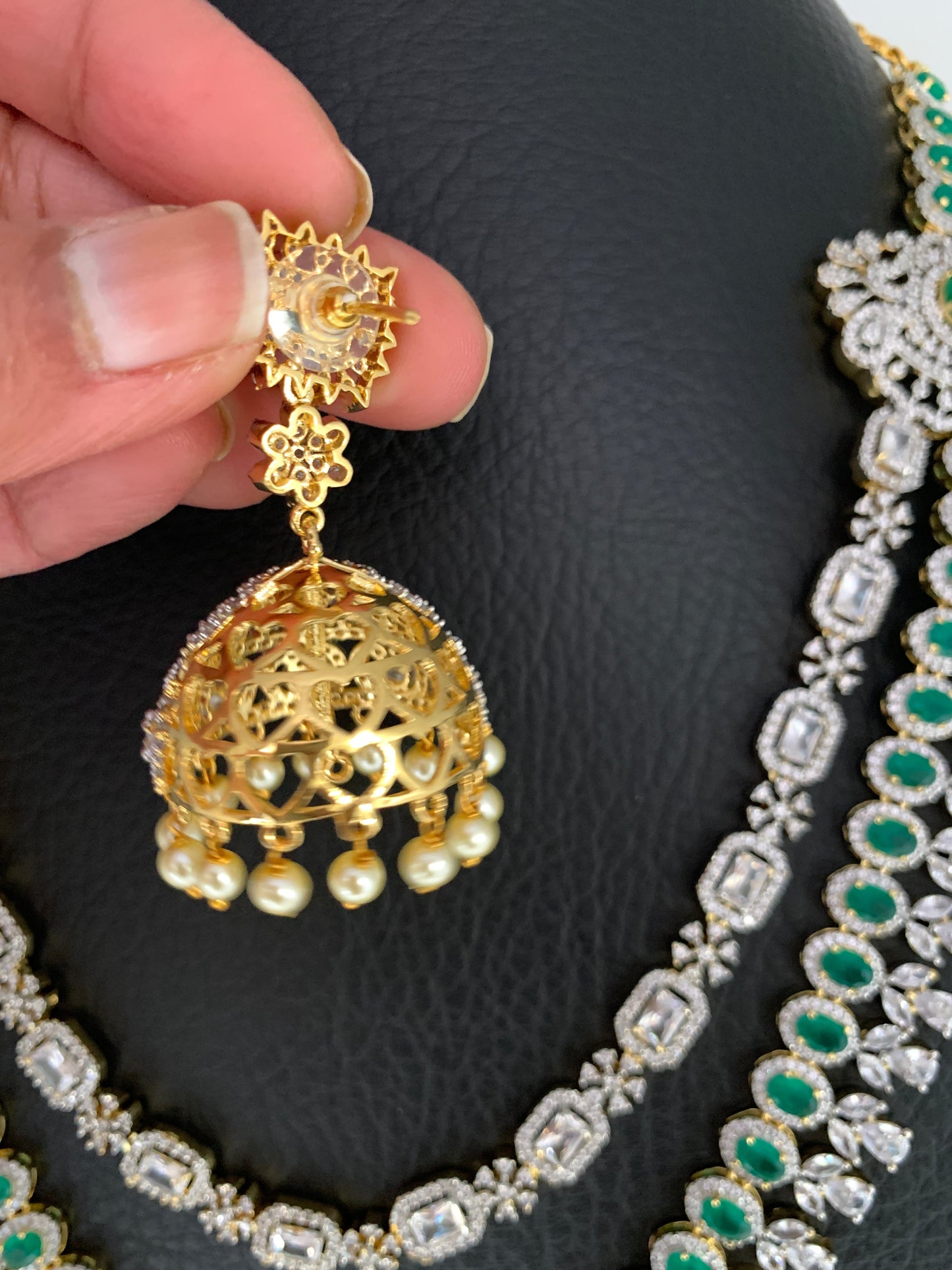 AD Emerald Green Stone Double Line Long Necklace