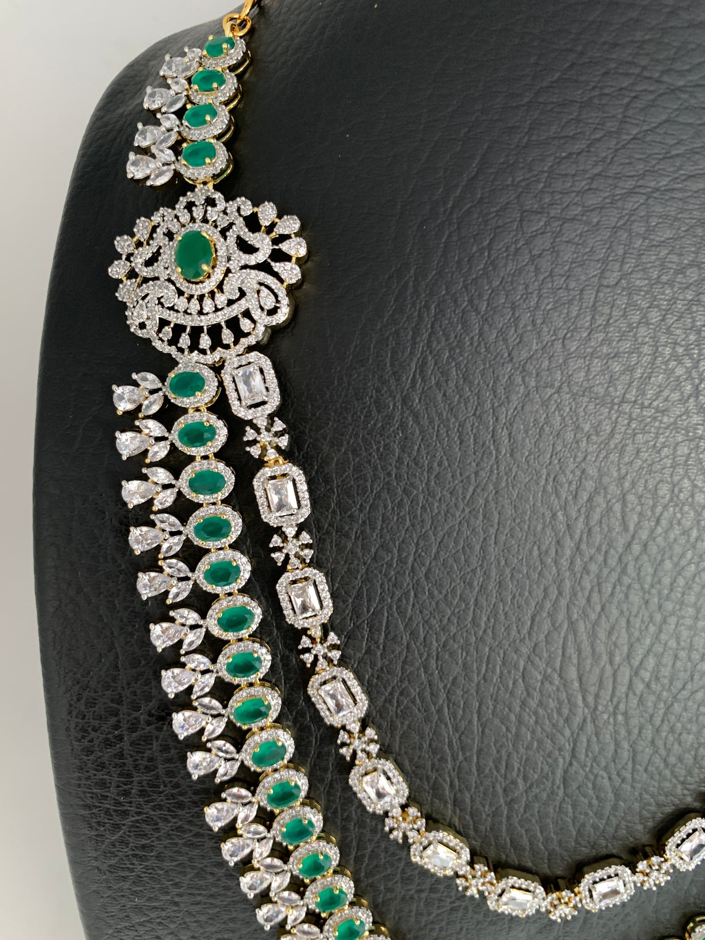 AD Emerald Green Stone Double Line Long Necklace