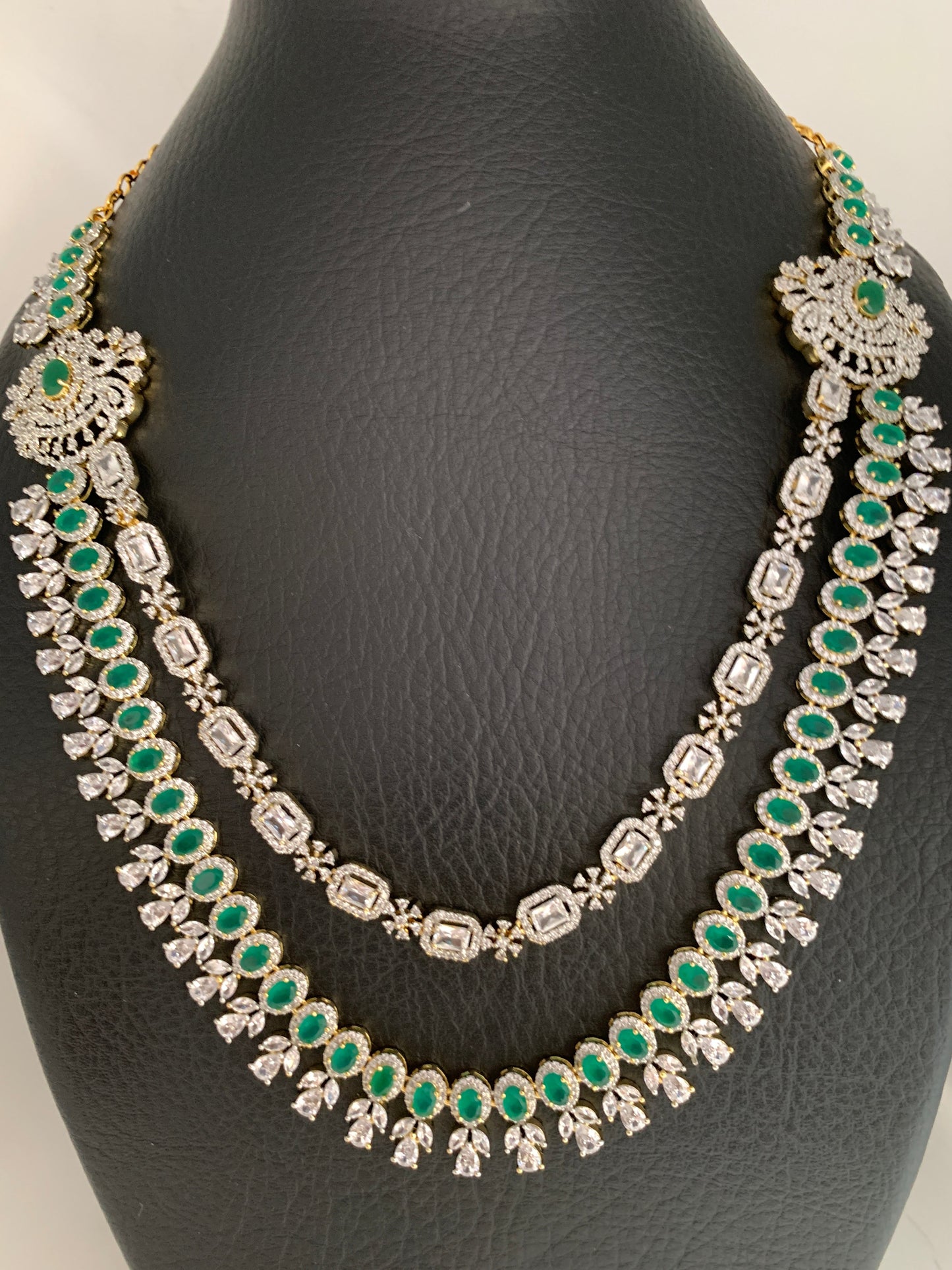 AD Emerald Green Stone Double Line Long Necklace