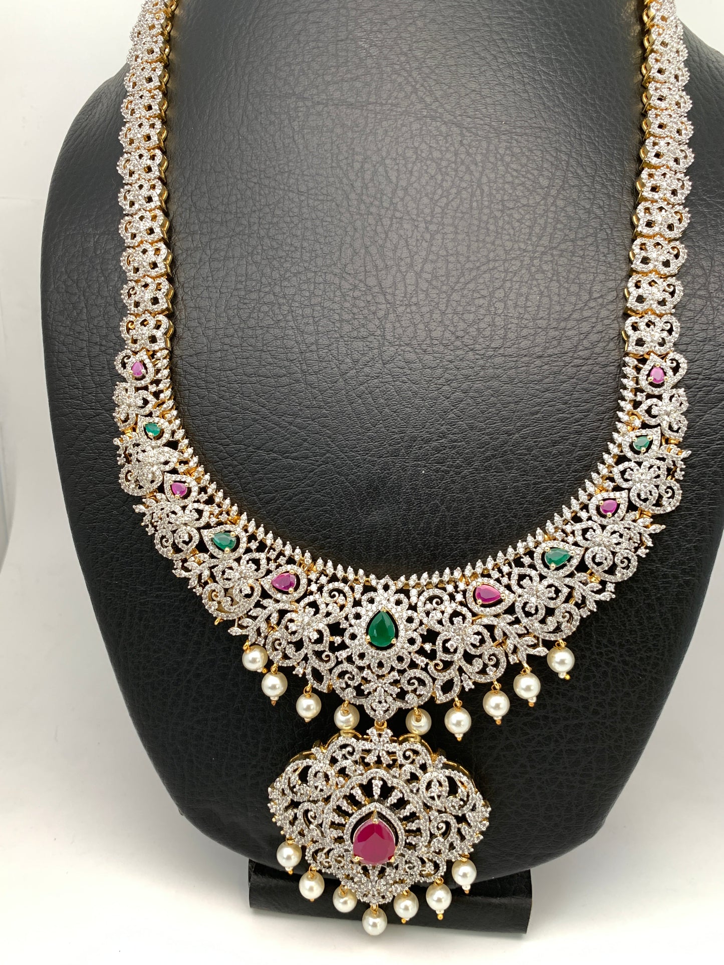 AD Red Green Multi Stone Long Necklace