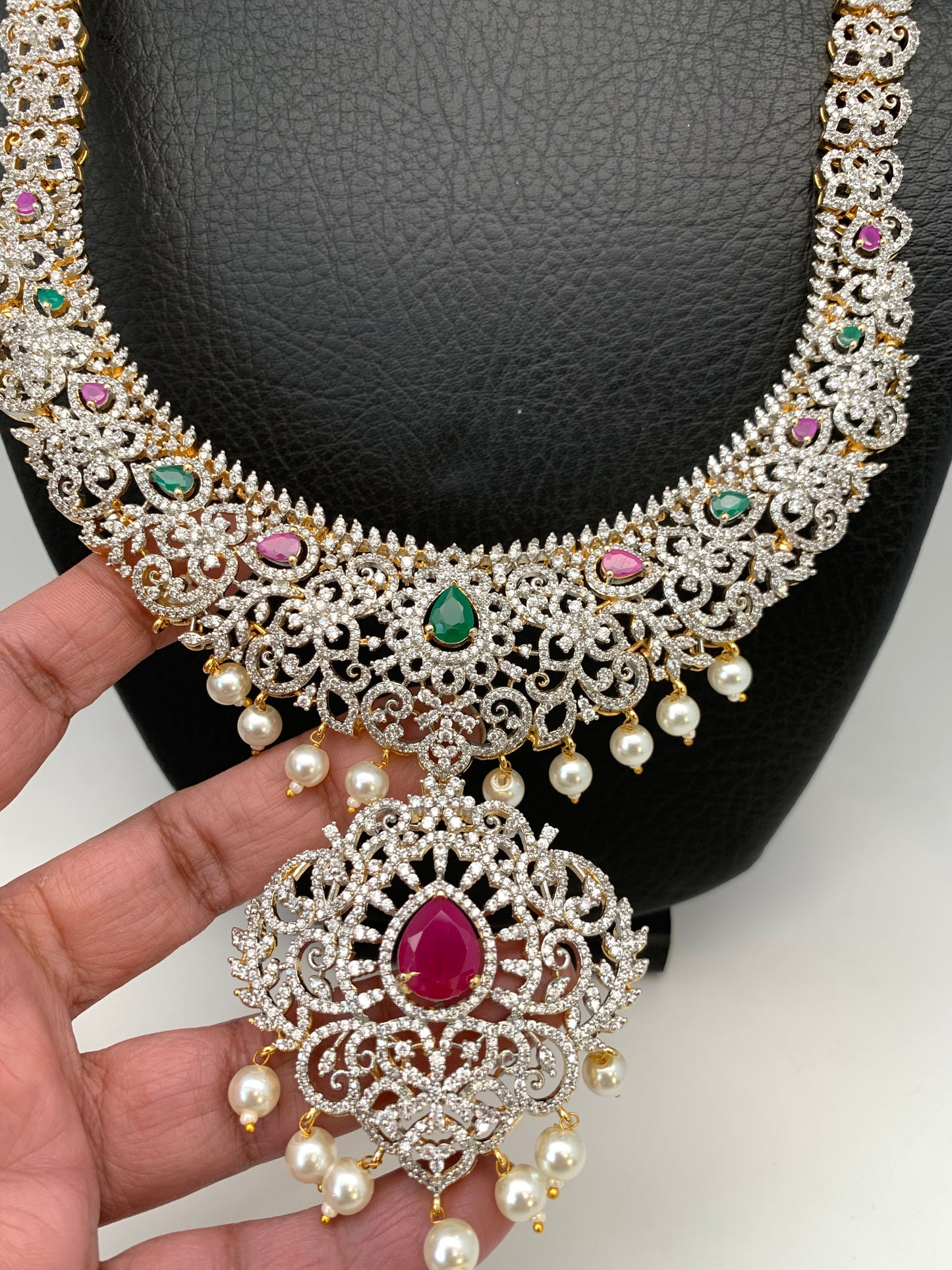 AD Red Green Multi Stone Long Necklace