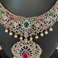 AD Red Green Multi Stone Short Necklace