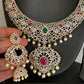 AD Red Green Multi Stone Short Necklace
