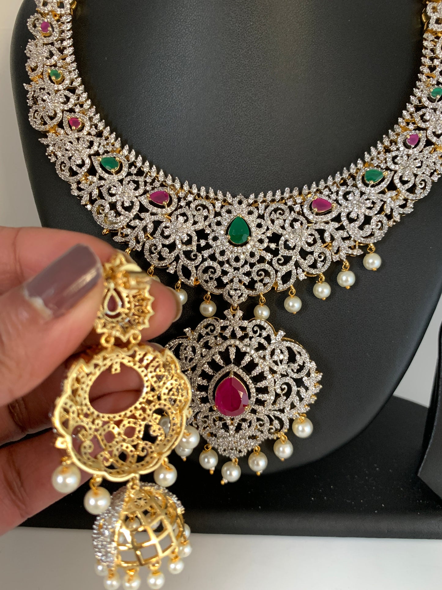 AD Red Green Multi Stone Short Necklace