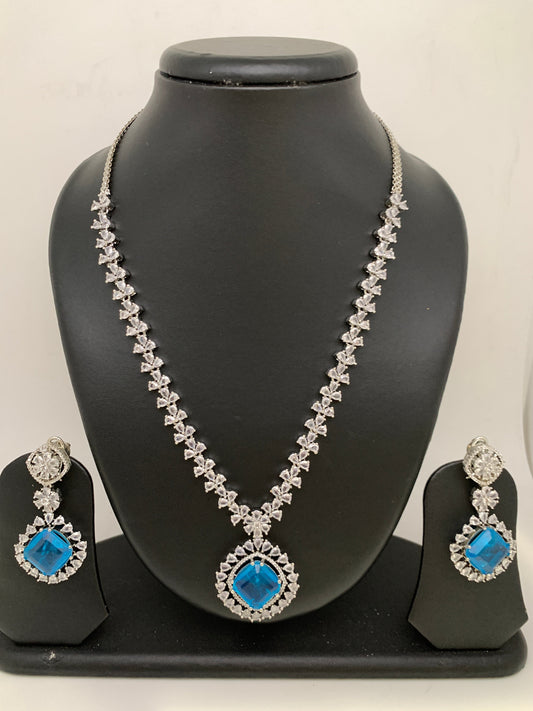 American Diamond Doublet Teal Blue Stone Short Neckalce