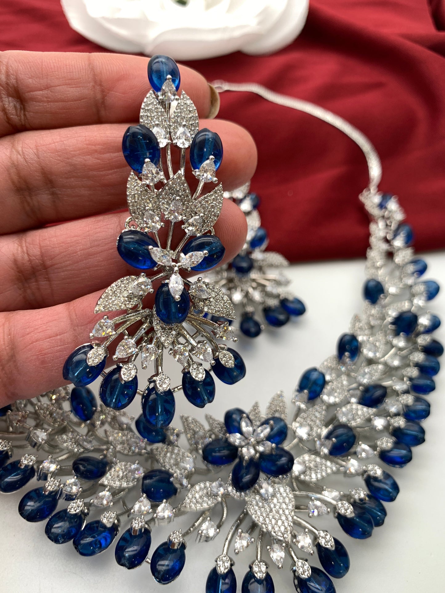 AD Blue Stone Silver Finish Neckline Short Neckalce