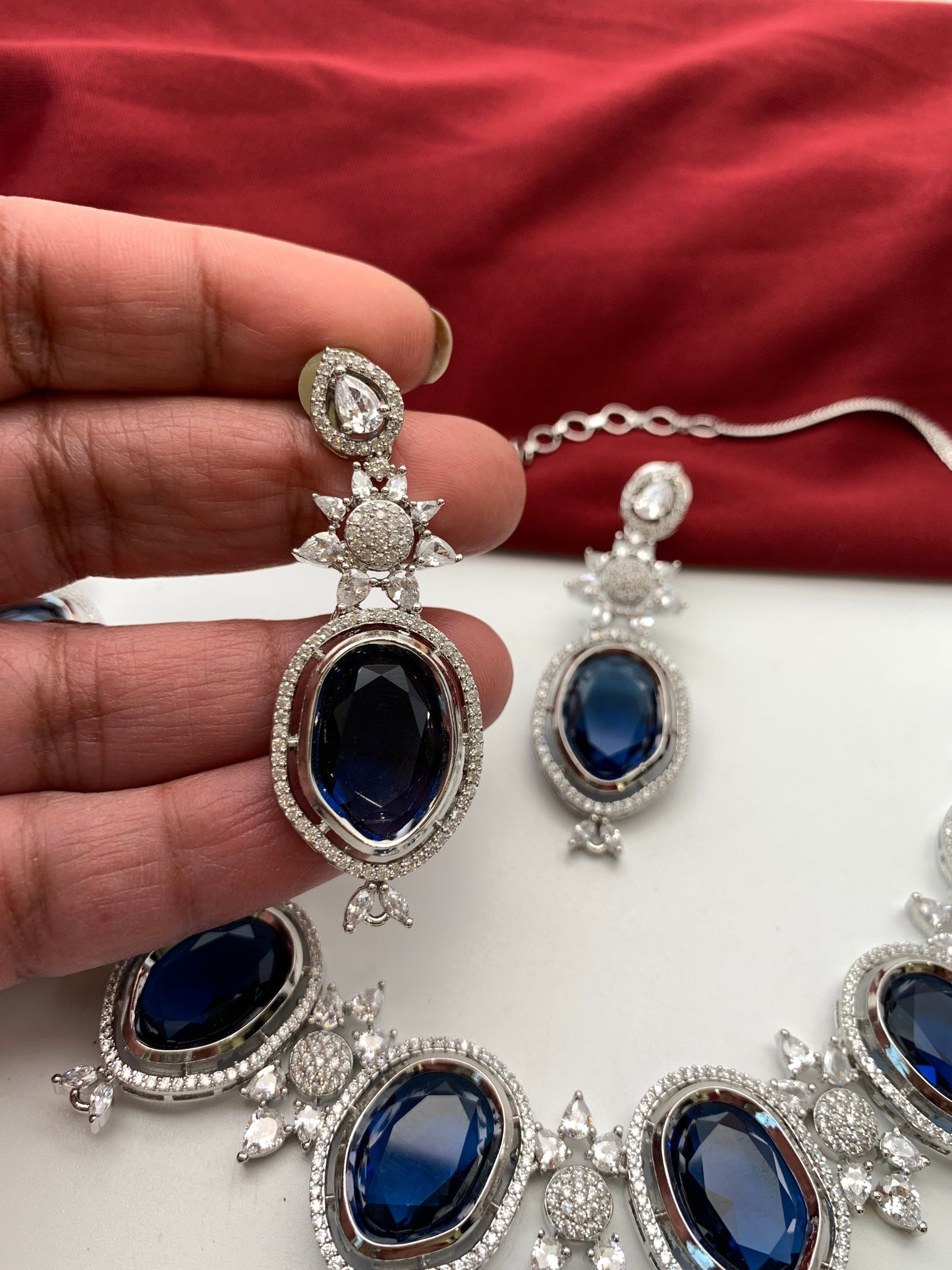CZ Sapphire Blue Doublet Stone Silver Finish Short Neckalce