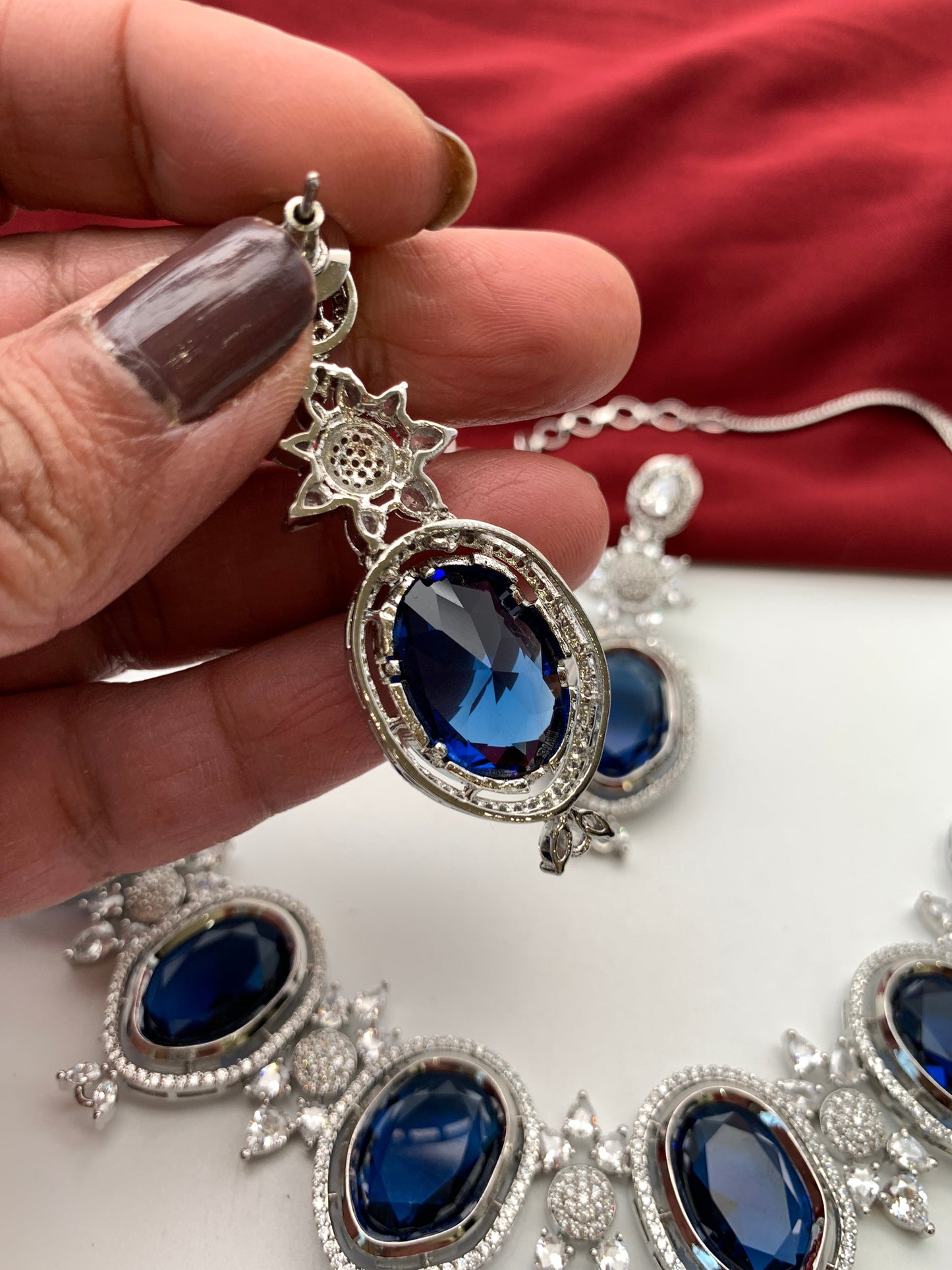 CZ Sapphire Blue Doublet Stone Silver Finish Short Neckalce