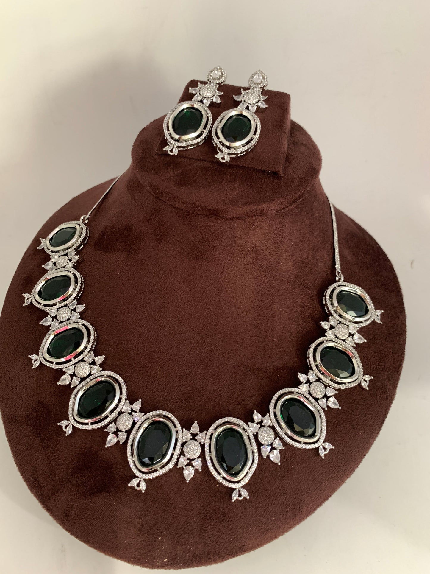 CZ Green Doublet Stone Silver Finish Short Neckalce