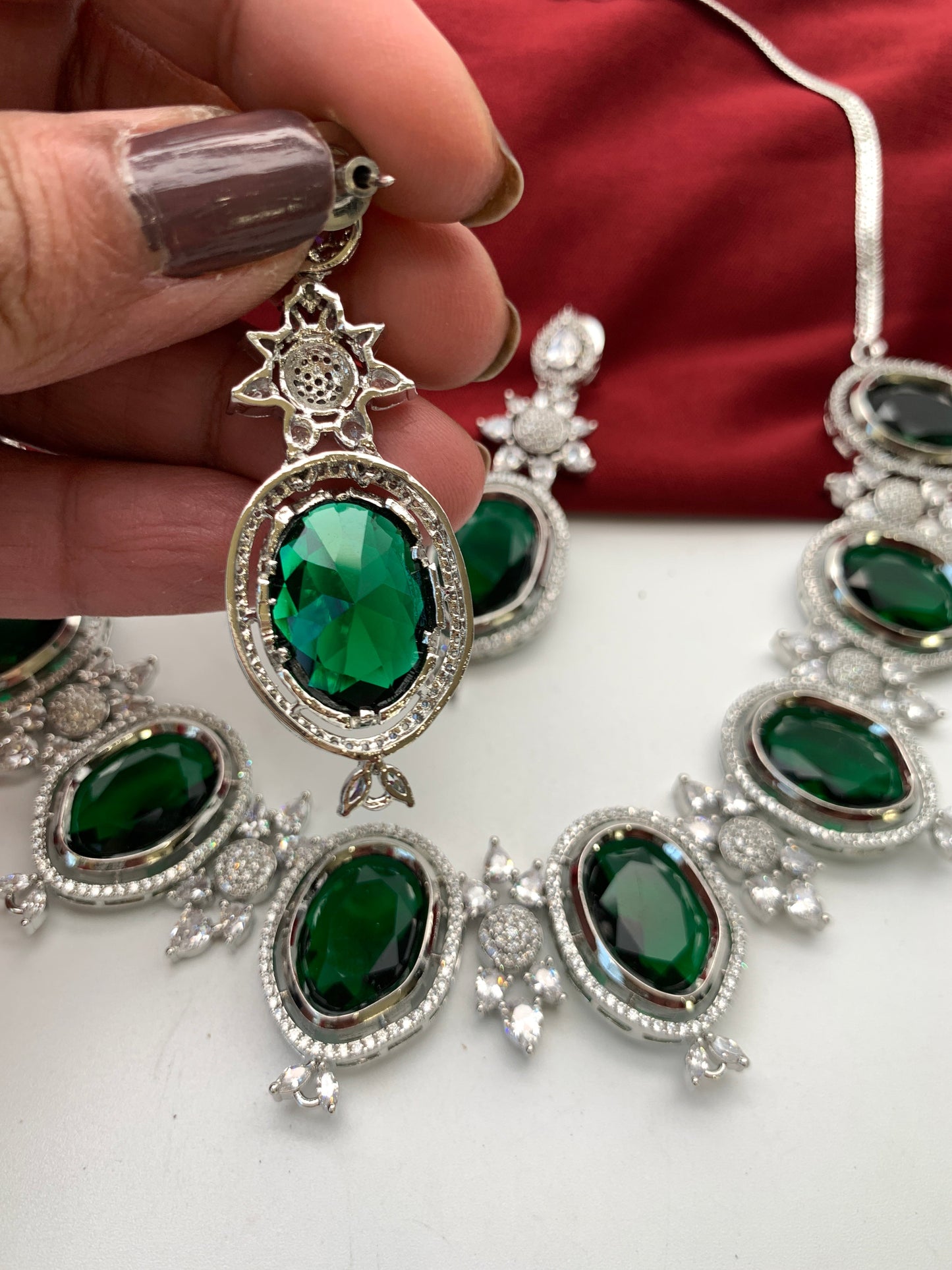 CZ Green Doublet Stone Silver Finish Short Neckalce