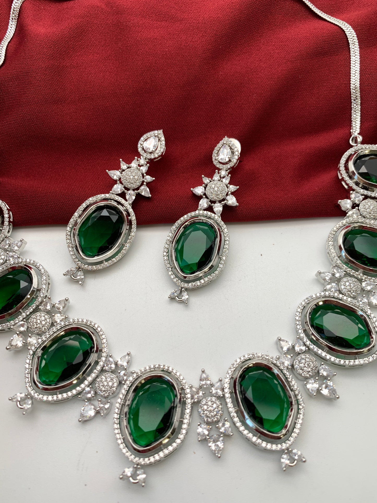 CZ Green Doublet Stone Silver Finish Short Neckalce