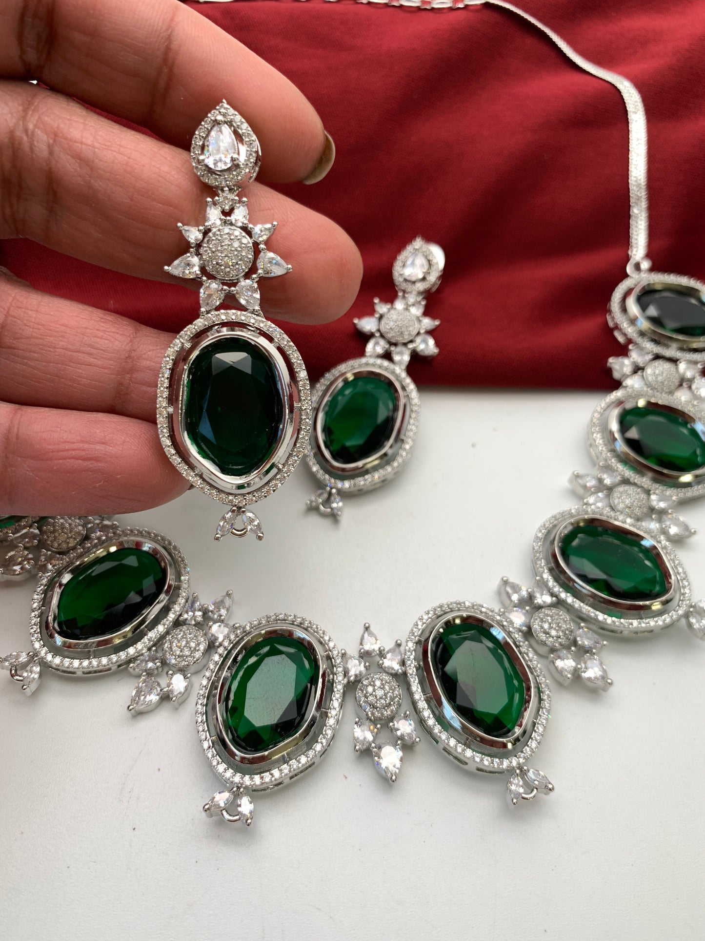 CZ Green Doublet Stone Silver Finish Short Neckalce