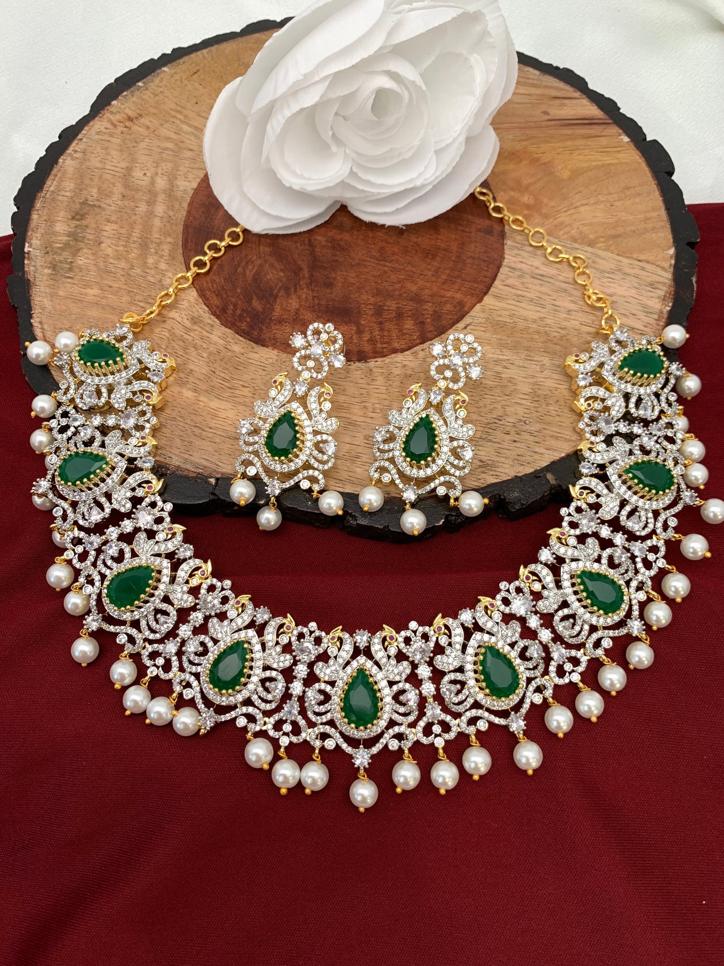 AD Emerald Green Stone Peacock Design Short Neckline Neckalce
