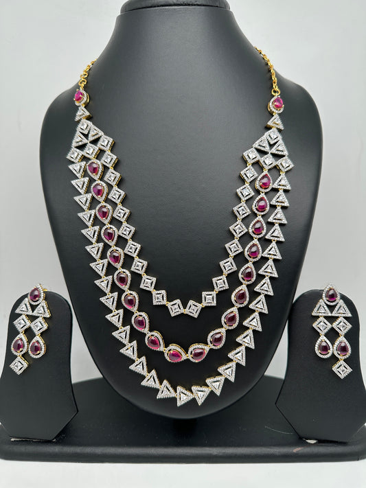 AD Red Stone Three Line Teen Lada Short Neckalce