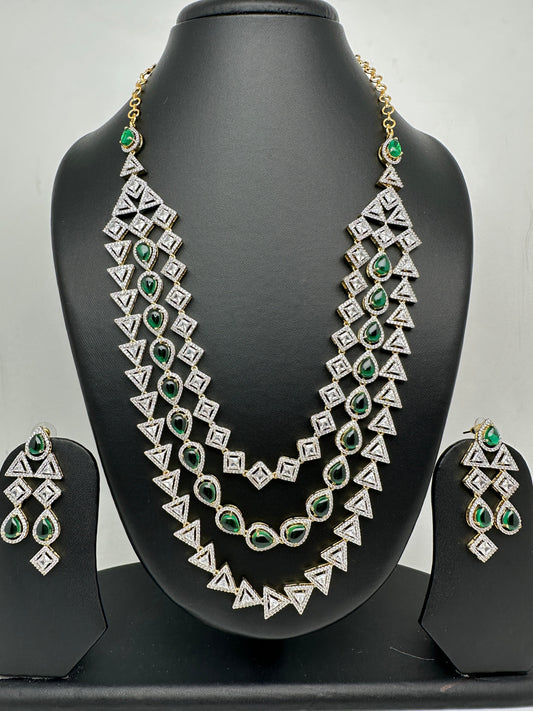AD Green Stone Three Line Teen Lada Short Neckalce