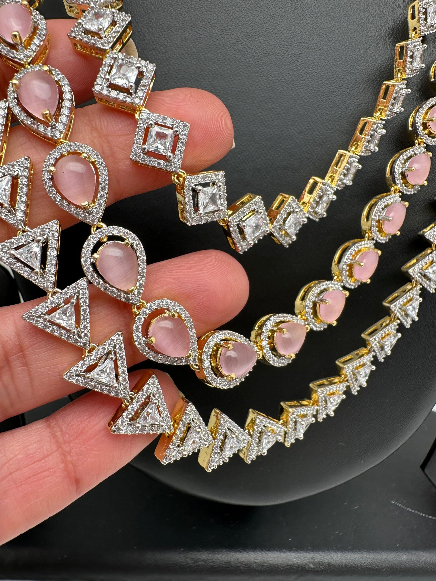 AD Pink Stone Three Line Teen Lada Short Neckalce