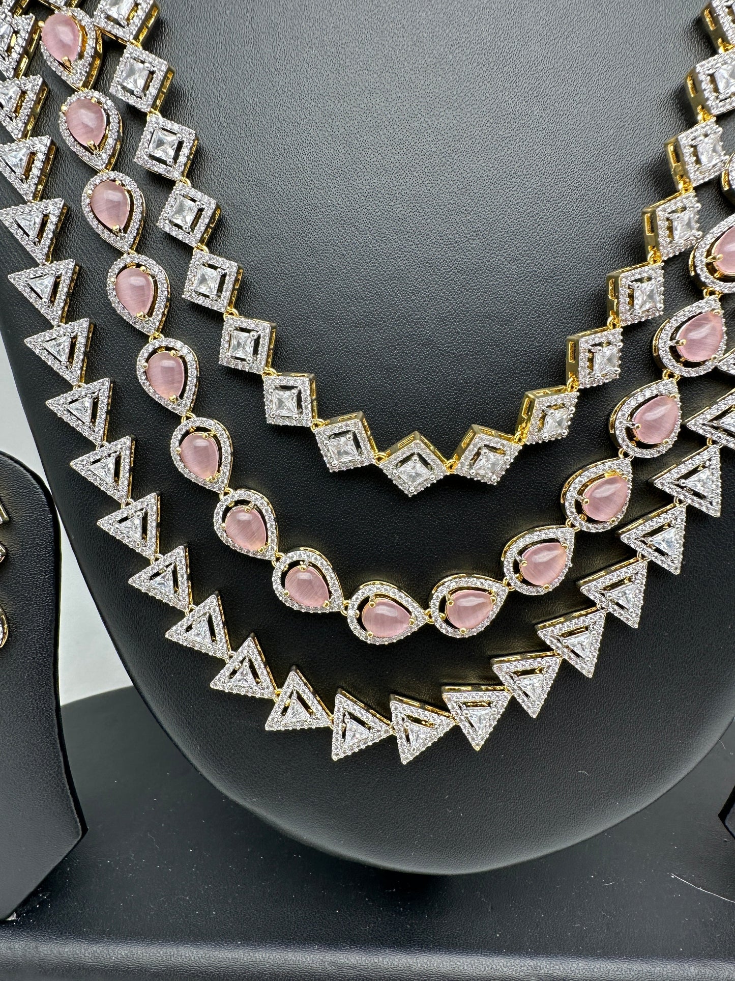 AD Pink Stone Three Line Teen Lada Short Neckalce