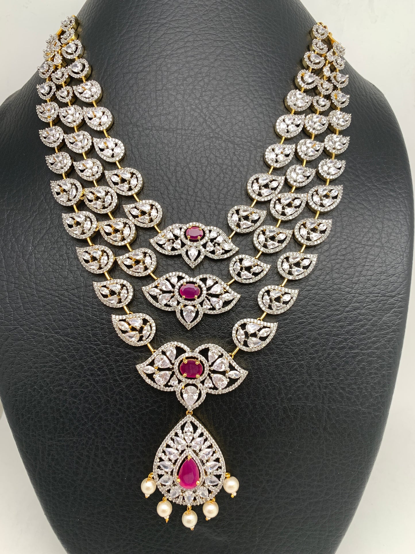 AD Ruby Red Stone Multi Layer Teen Lada Short Necklace