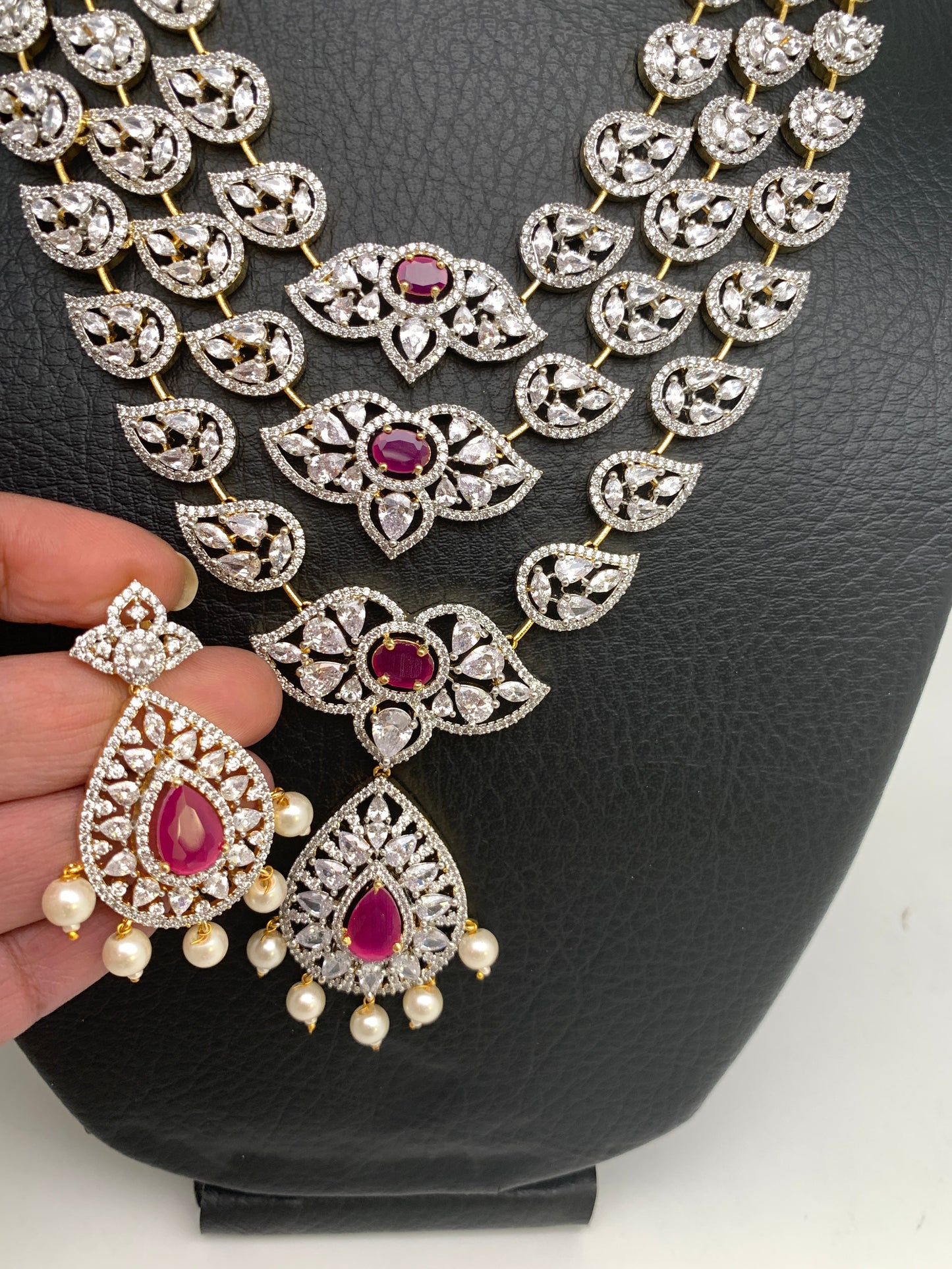AD Ruby Red Stone Multi Layer Teen Lada Short Necklace