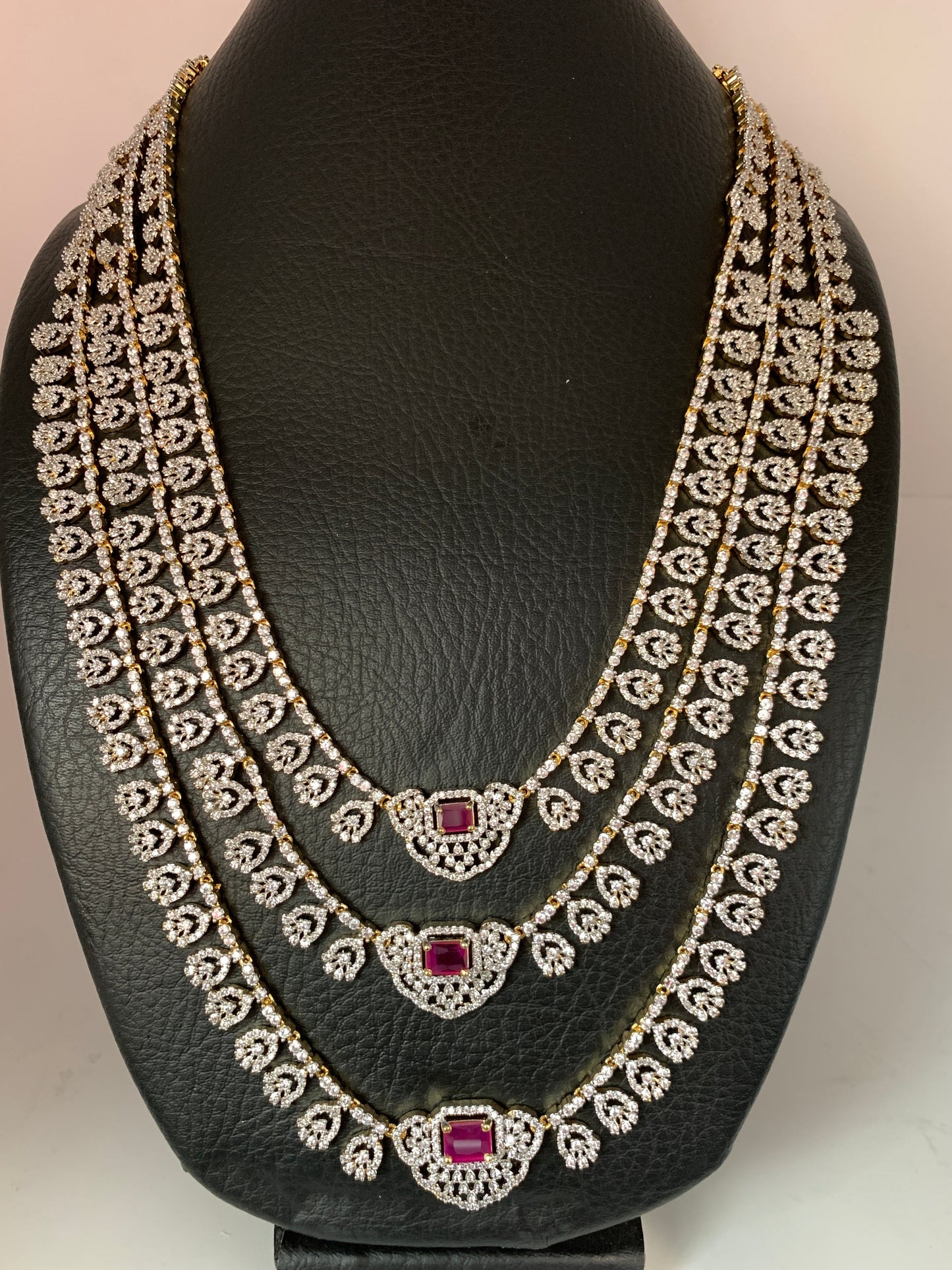 AD Ruby Red Stone Triple Layer Teen Lada Long Necklace