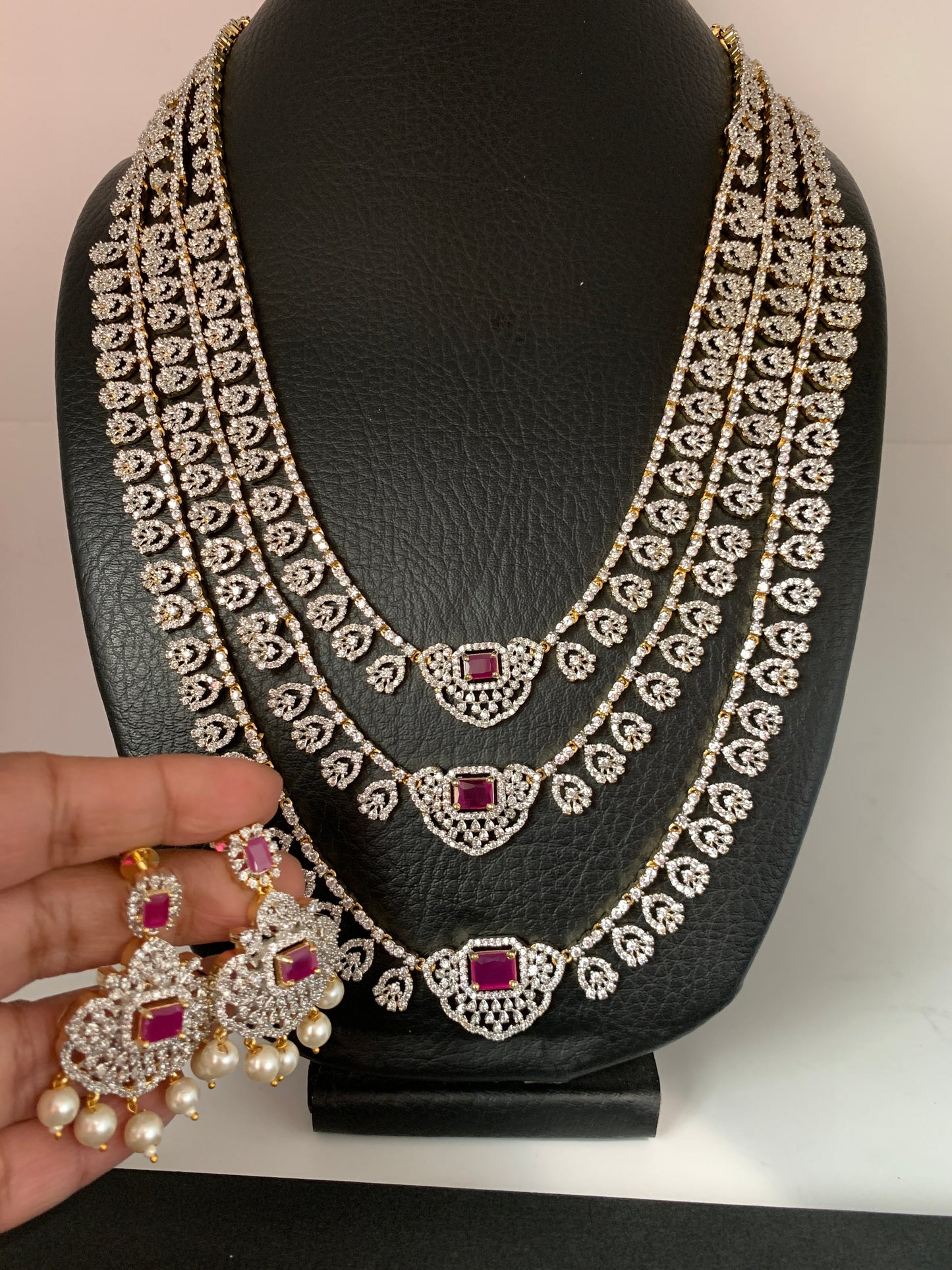 AD Ruby Red Stone Triple Layer Teen Lada Long Necklace