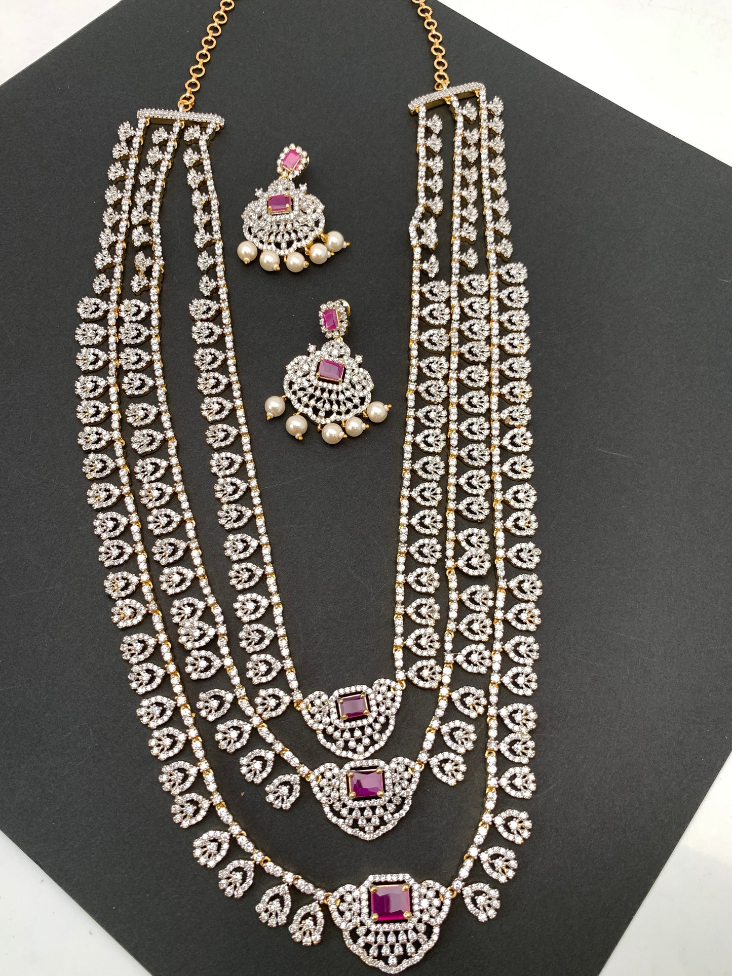 AD Ruby Red Stone Triple Layer Teen Lada Long Necklace